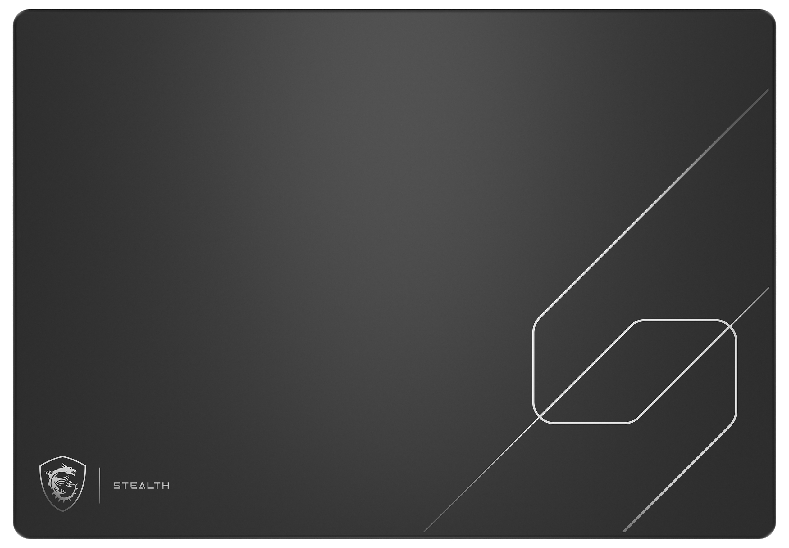 Eine schwarze Schreibtischunterlage mit grauem Drachenlogo, dem Text 'STEALTH' und einem feinen Linienmuster rechts.
