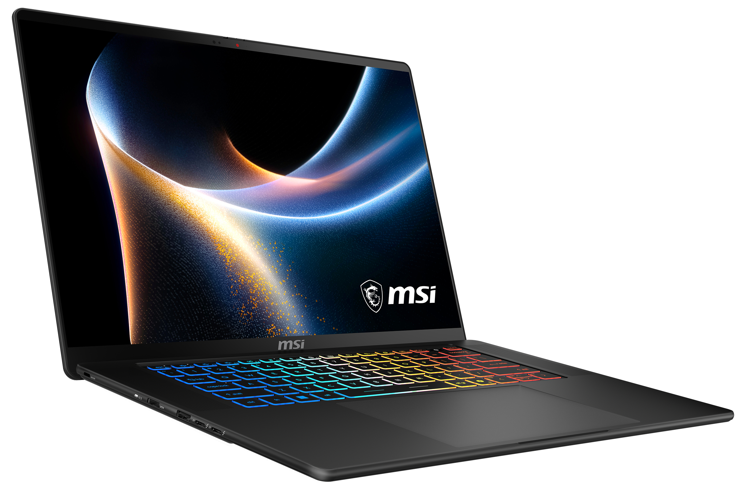 Ein schwarzer MSI-Laptop mit bunt hinterleuchteter Tastatur und abstraktem Bild auf dem Bildschirm auf weißem Hintergrund.