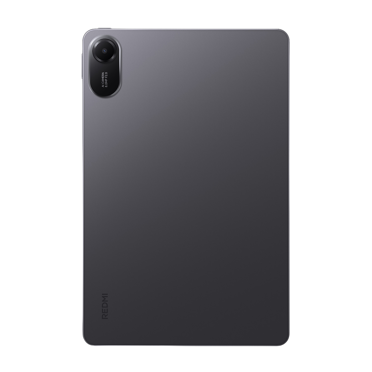 Il retro grigio di un tablet Redmi con una singola fotocamera in alto a sinistra e il logo Redmi.