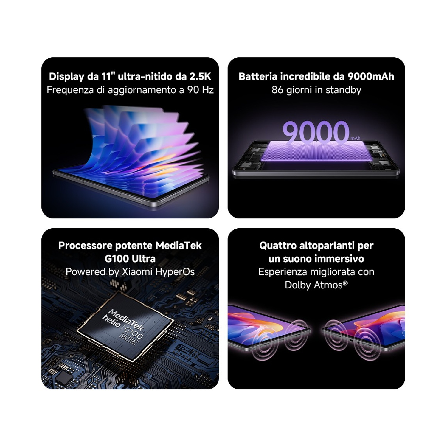 Quattro pannelli mostrano le caratteristiche: display 2.5K, batteria 9000mAh, processore MediaTek G100 Ultra e quattro altoparlanti.