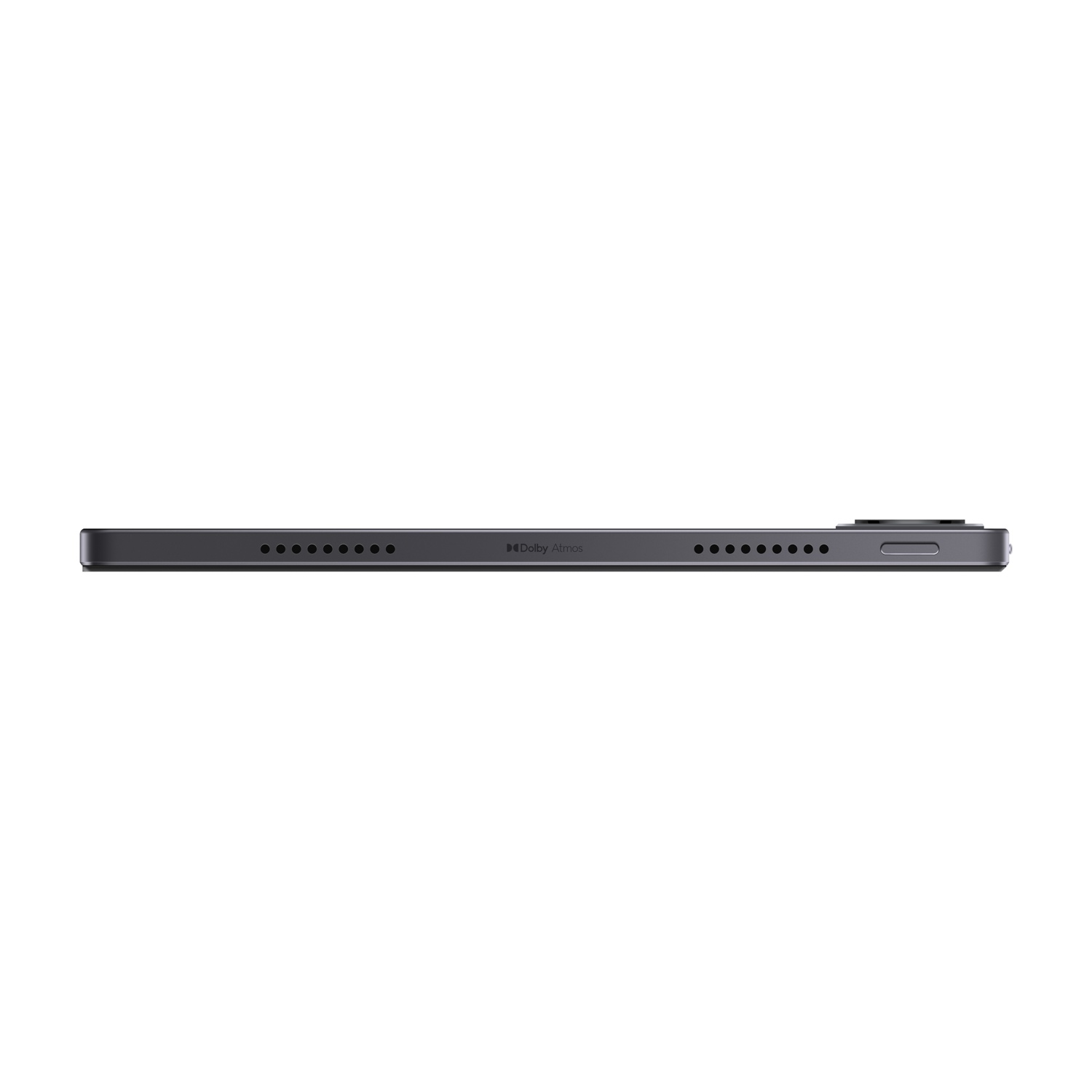 Vista laterale di un tablet sottile e grigio con altoparlanti, logo Dolby Atmos e pulsante di accensione su sfondo bianco.