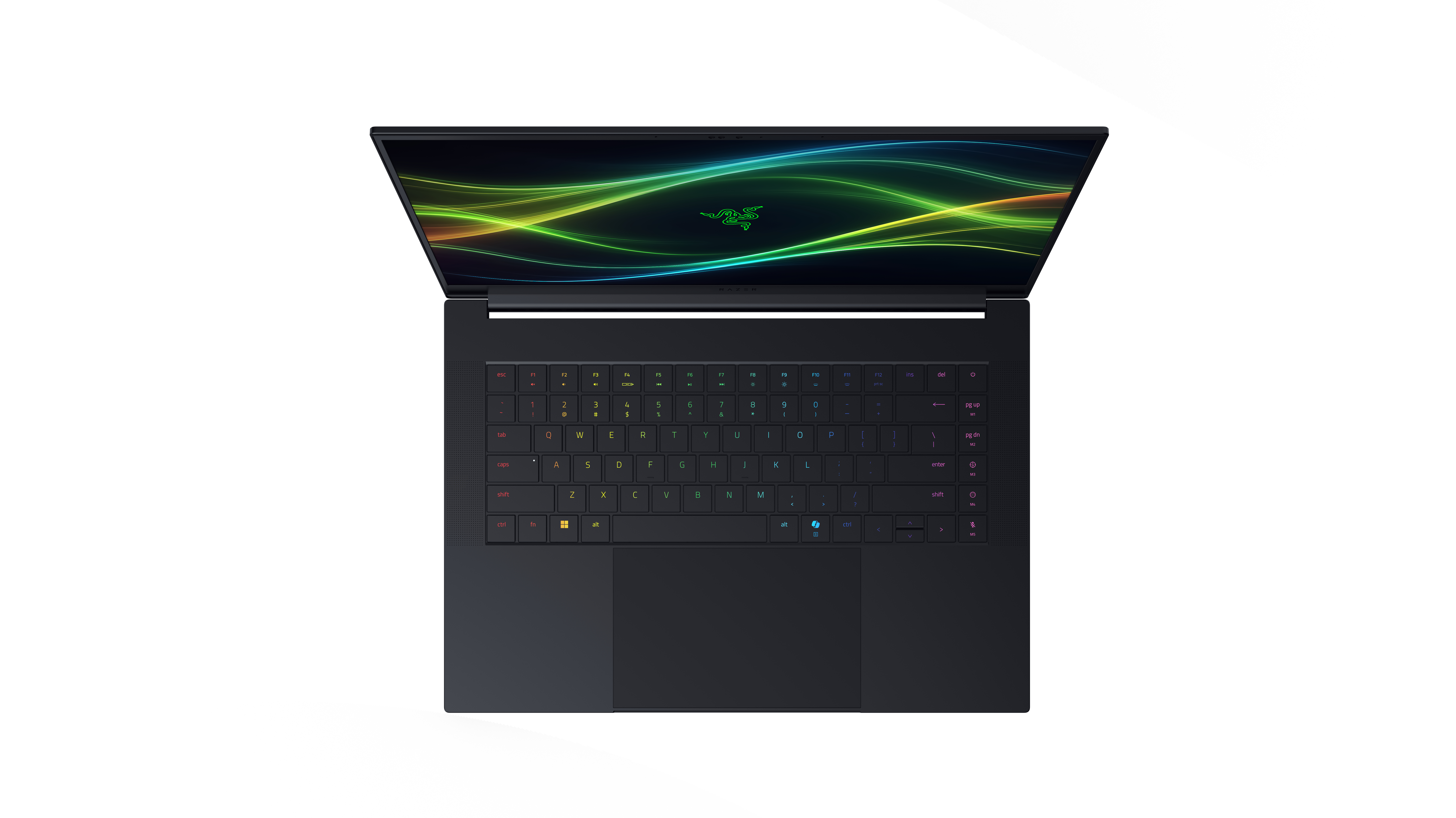 Ein schwarzer Laptop von oben mit leuchtendem Bildschirm und beleuchteter Tastatur vor hellem Hintergrund.