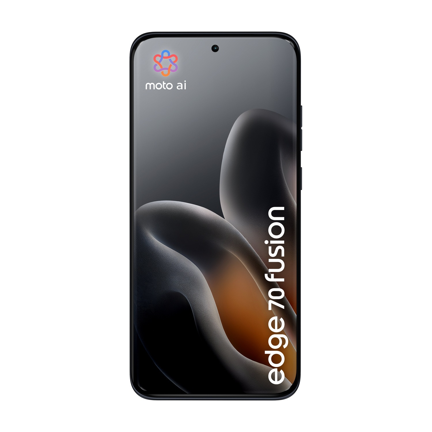 Vista frontale dello smartphone nero Motorola Edge 70 fusion con testo e logo sullo schermo.