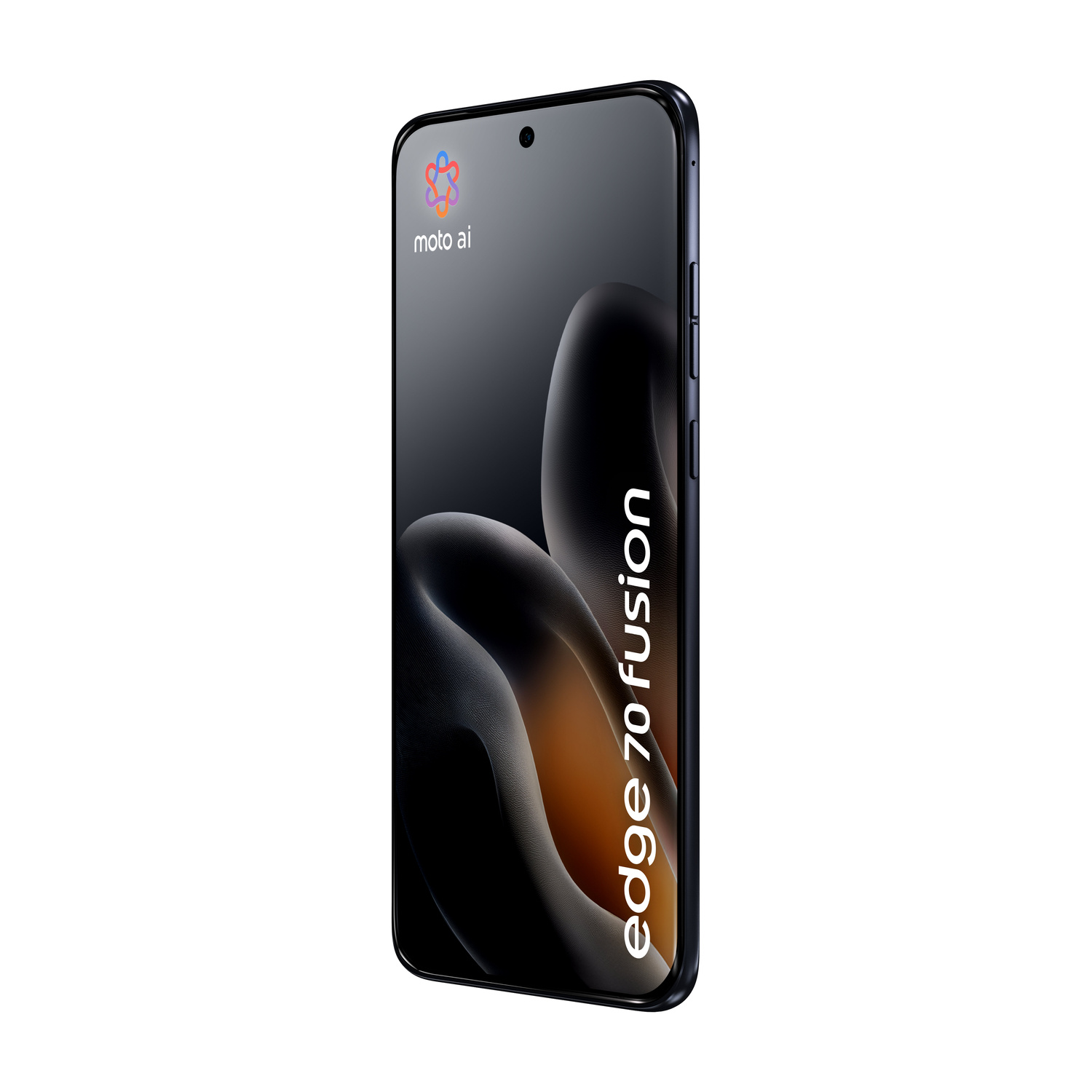Uno smartphone nero Motorola Edge 70 Fusion con logo Moto AI e sfondo astratto sul display.