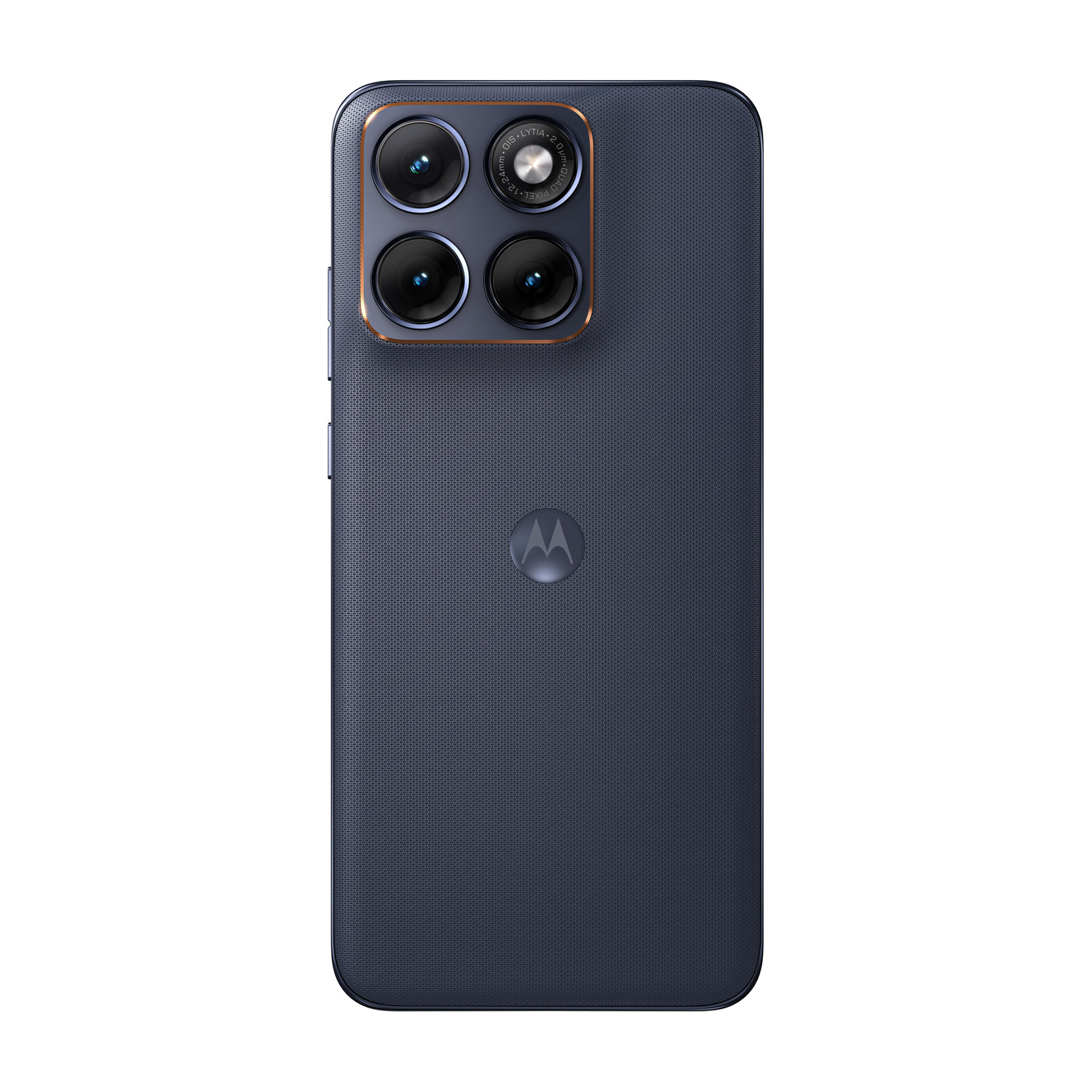 Vista posteriore di uno smartphone Motorola grigio scuro con pannello testurizzato e modulo a quattro fotocamere.