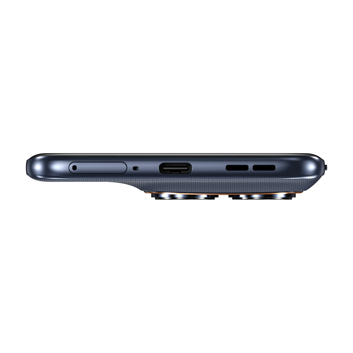 Vista inferiore di uno smartphone blu con porta USB-C, altoparlante e carrellino SIM su sfondo bianco.