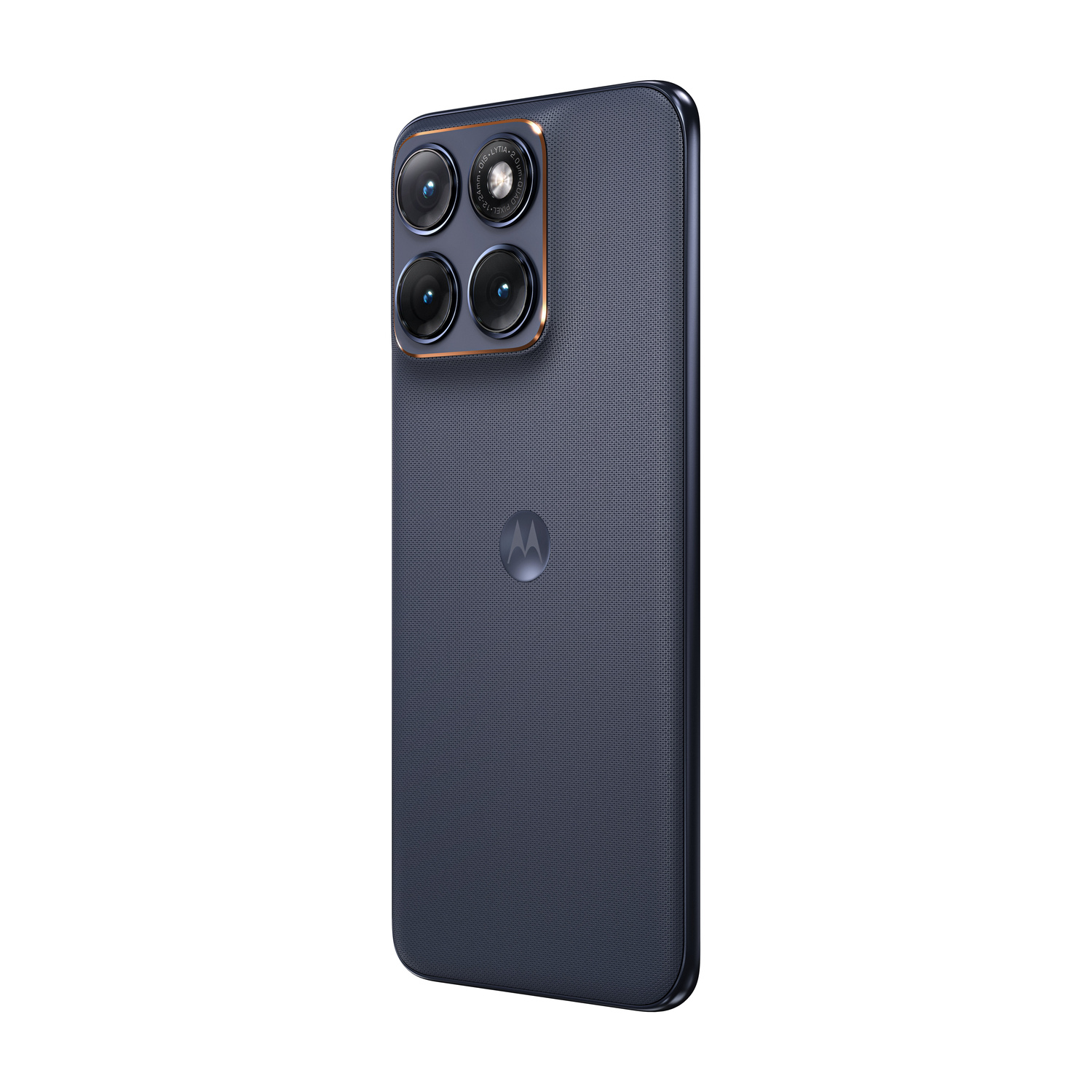 Retro di uno smartphone blu con un modulo fotocamera quadrato in alto e il logo Motorola al centro.