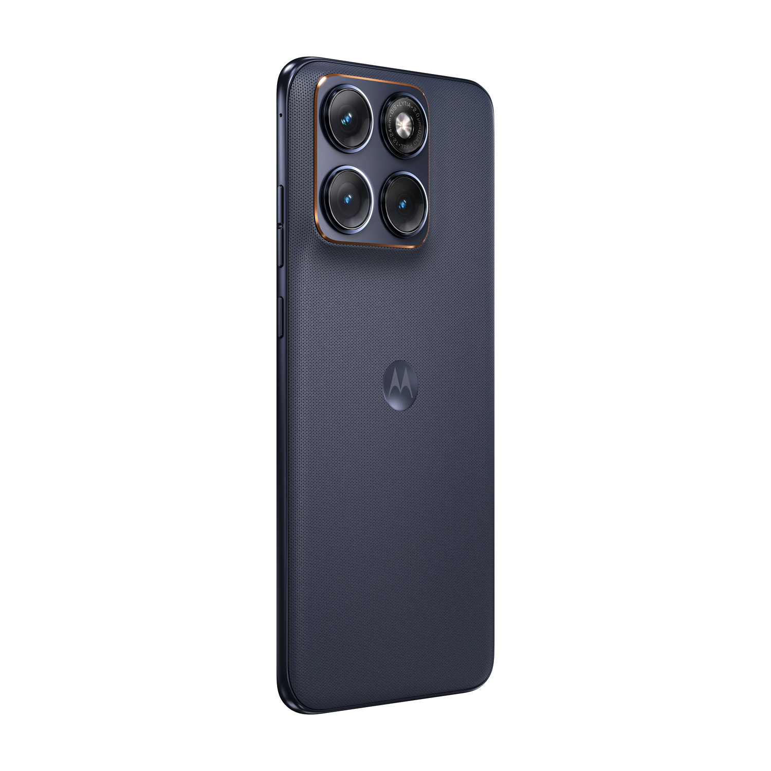 Vista posteriore di uno smartphone blu con un modulo fotocamera quadrato in alto a sinistra e il logo Motorola.