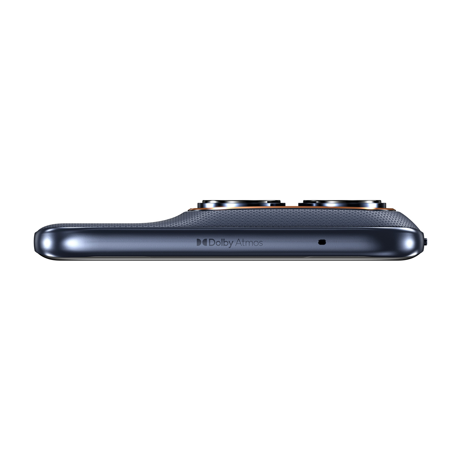 Vista laterale di uno smartphone scuro con logo Dolby Atmos e fotocamera.