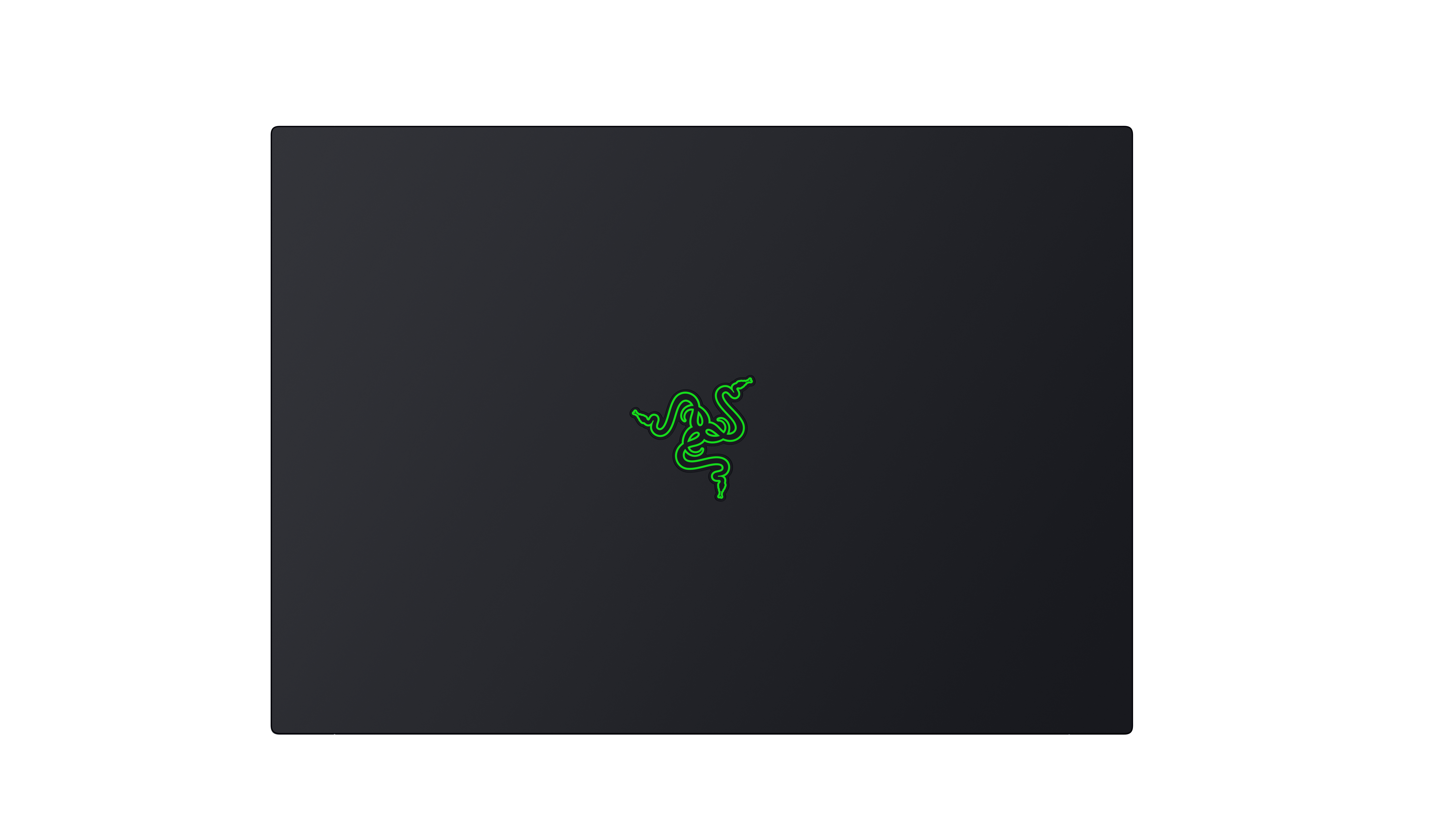 Geschlossener schwarzer Laptop mit einem beleuchteten grünen Razer-Logo in der Mitte.