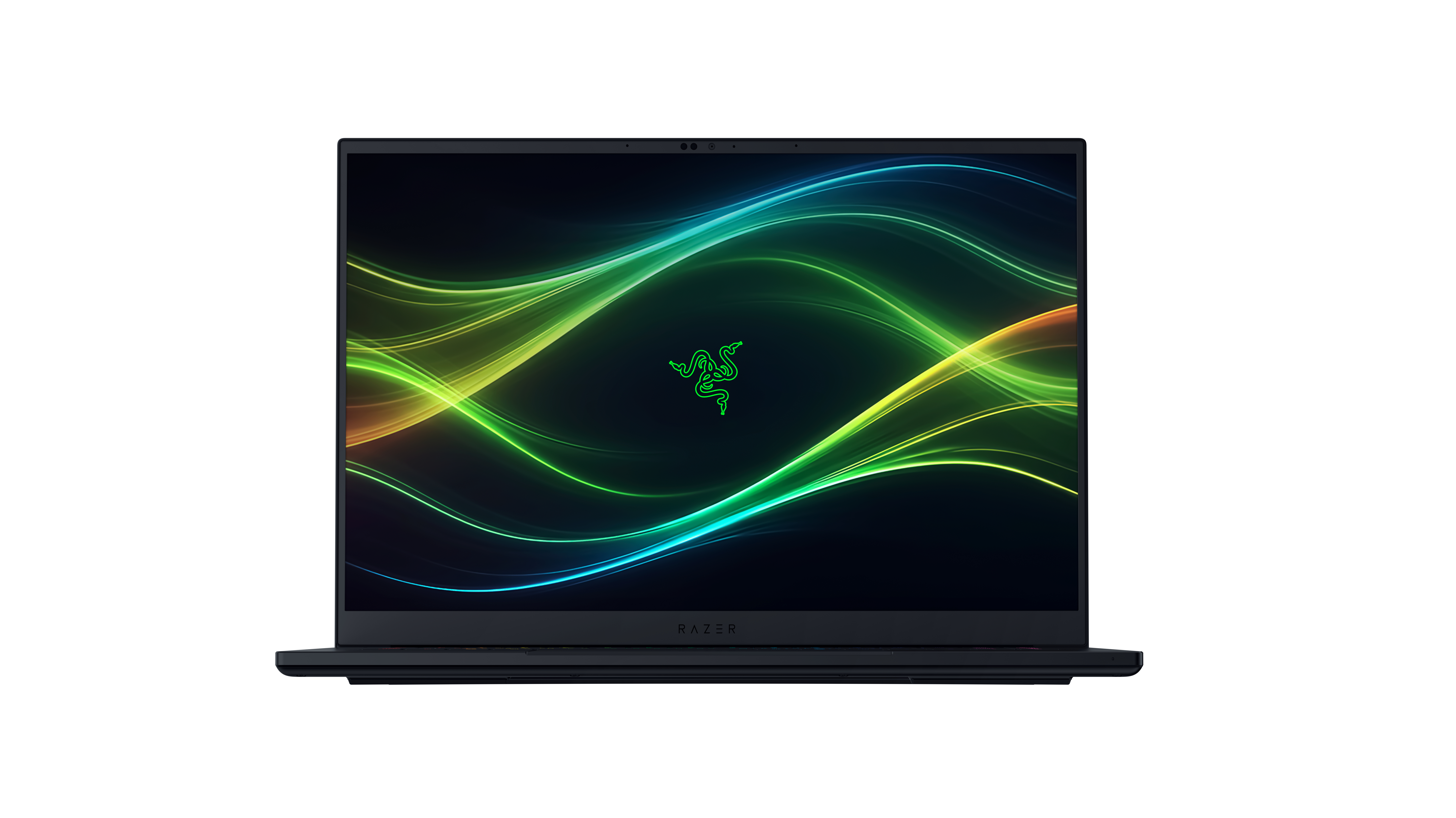 Schwarzer Razer-Laptop mit grünem Wellen-Hintergrund und beleuchtetem Logo auf einem weißen Hintergrund.