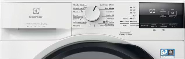 Biały panel sterowania pralki Electrolux z pokrętłem i cyfrowym wyświetlaczem.