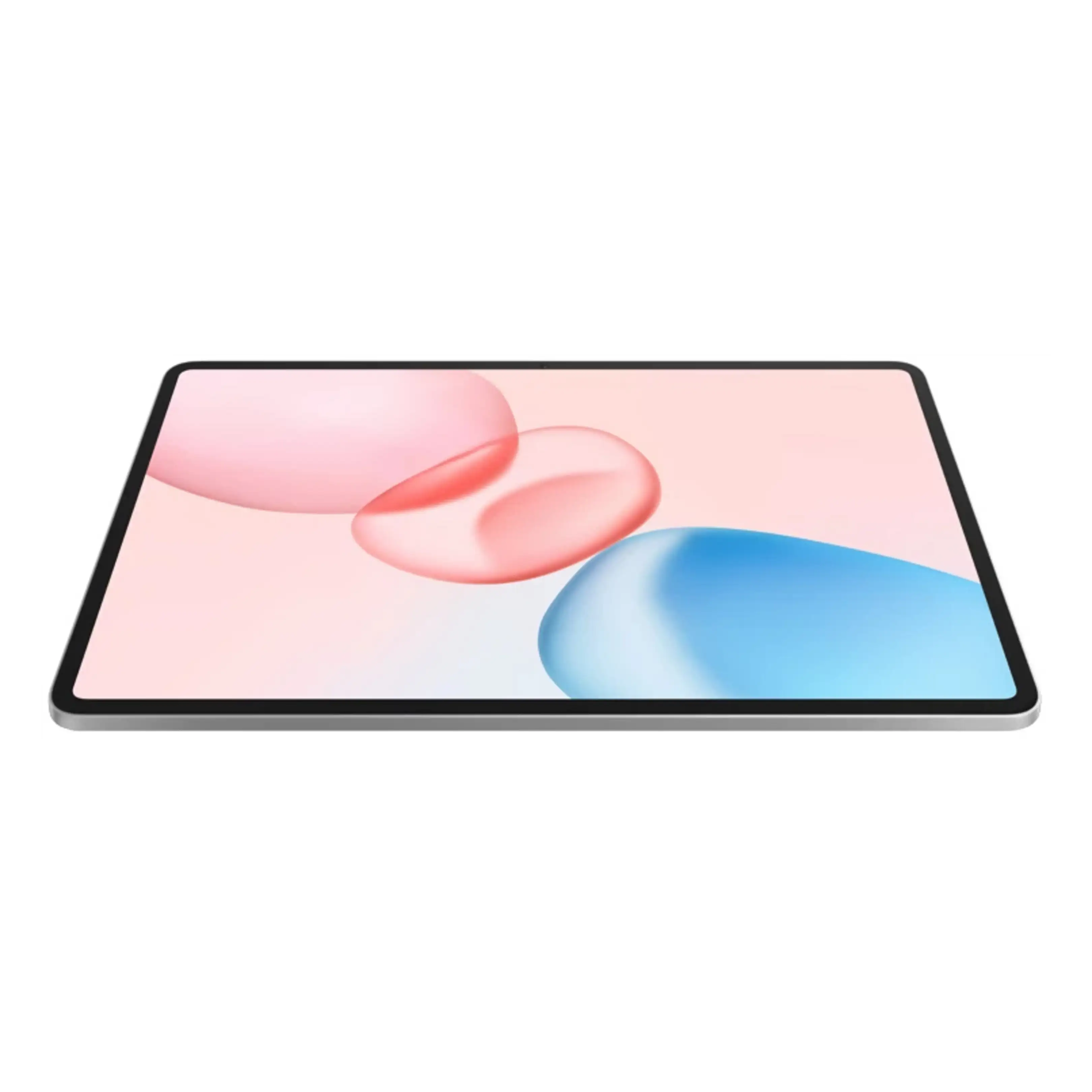 Una tableta plateada inclinada muestra formas abstractas rosas y azules en su pantalla sobre un fondo claro.