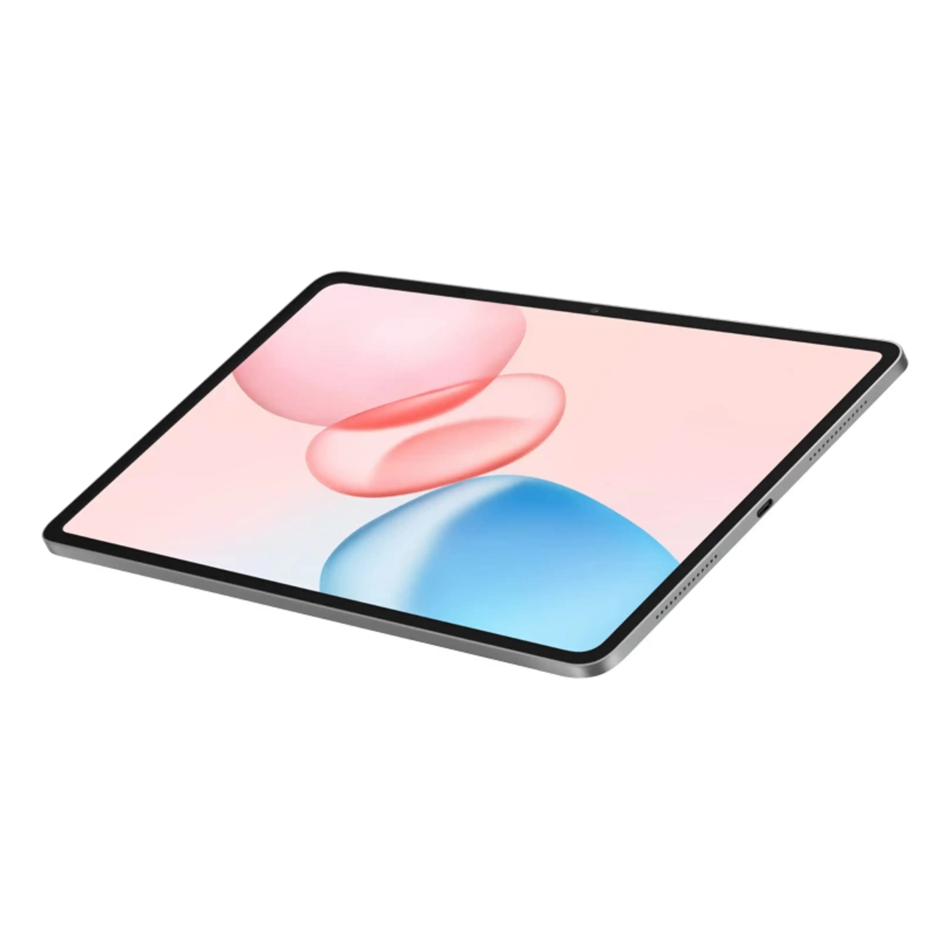 Una tableta plateada en ángulo sobre fondo blanco muestra burbujas abstractas rosas y azules.