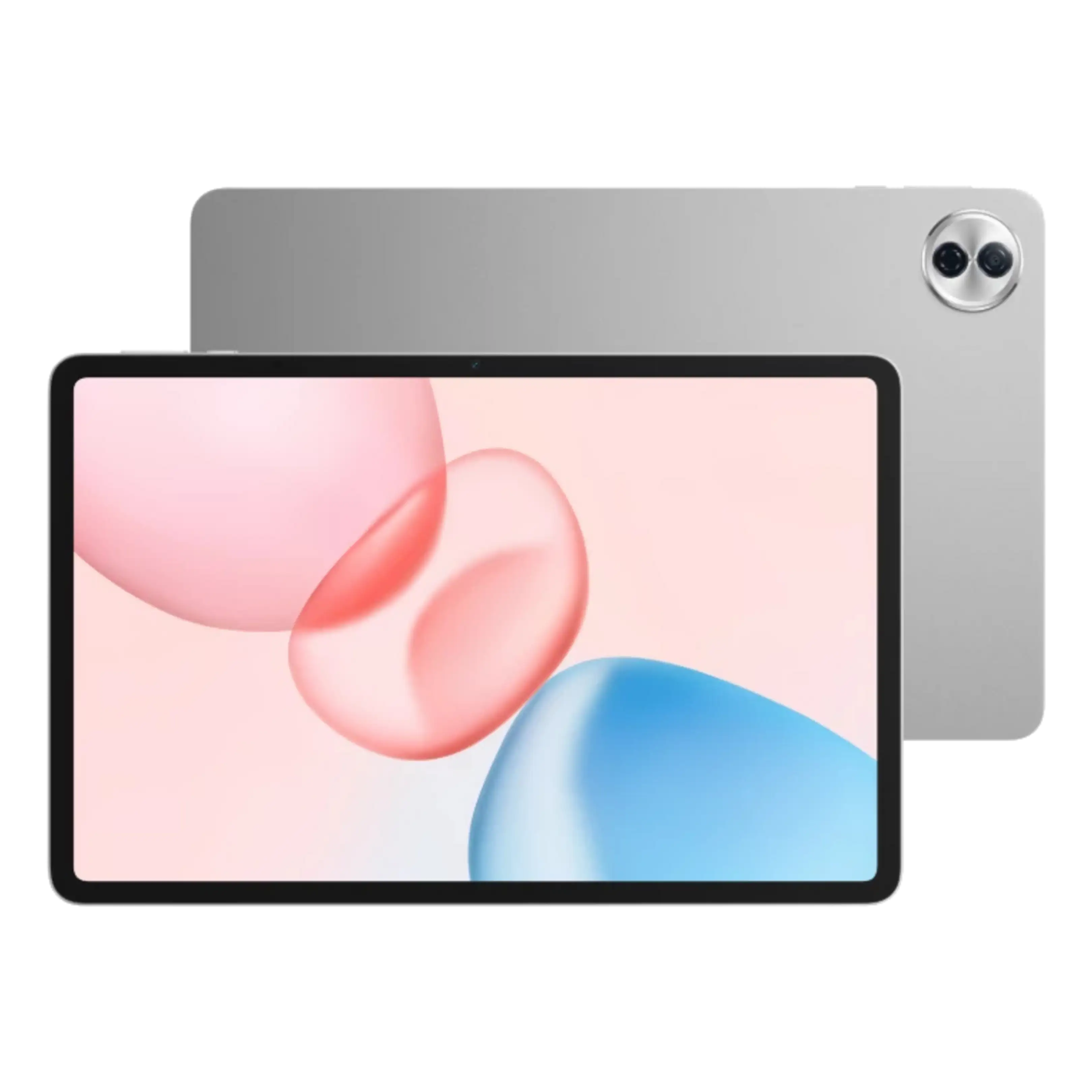 Una tablet plateada muestra un diseño abstracto rosa y azul en la pantalla. La parte trasera tiene una cámara dual.