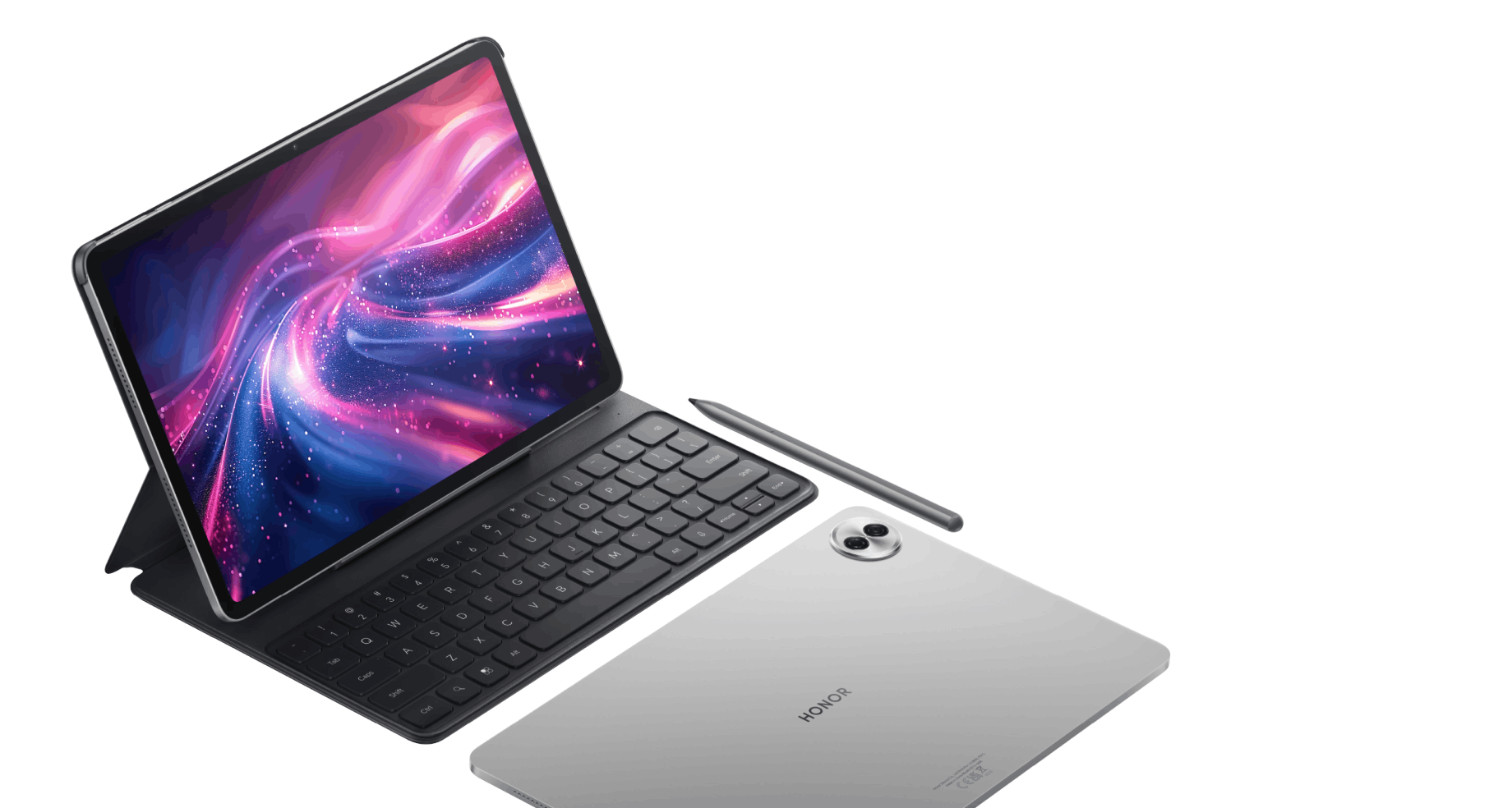 Una tableta con pantalla colorida, funda con teclado, lápiz y una segunda tableta plateada sobre fondo blanco.