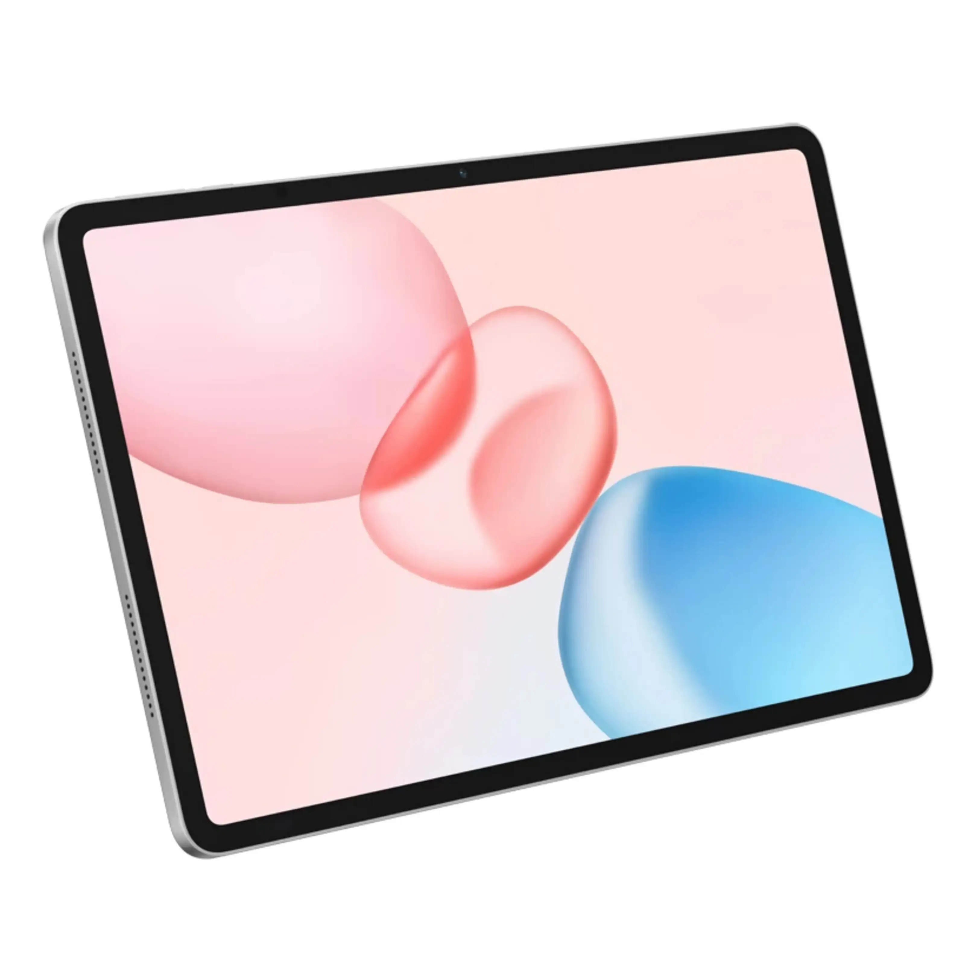 Una tablet plateada con bordes negros muestra un fondo de pantalla degradado en rosa y azul sobre fondo blanco.