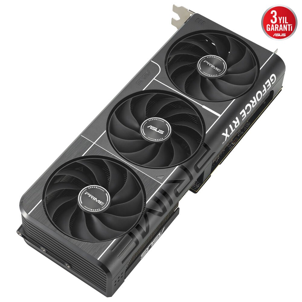 Üç fanlı ve yanında beyaz GeForce RTX logosu bulunan siyah Asus GeForce RTX grafik kartı.