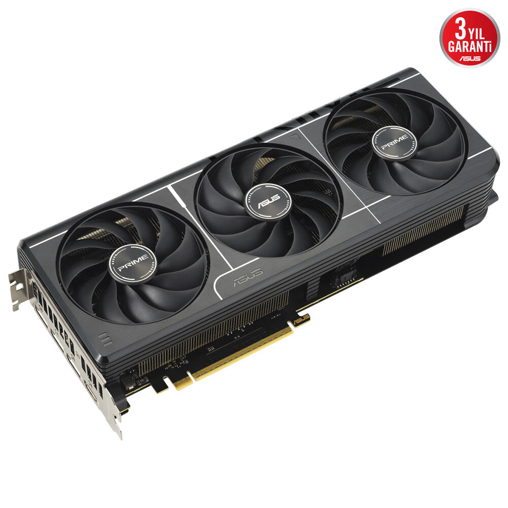 Üç soğutma fanına ve 3 yıl garanti etiketine sahip siyah ASUS Prime ekran kartı, beyaz arka planda.