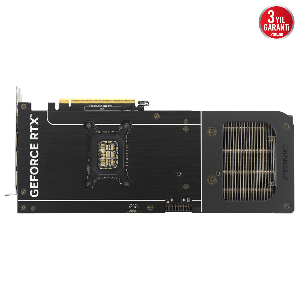Alttan görünen siyah Asus GeForce RTX ekran kartı, görünür soğutucu ve Prime yazısı ile.
