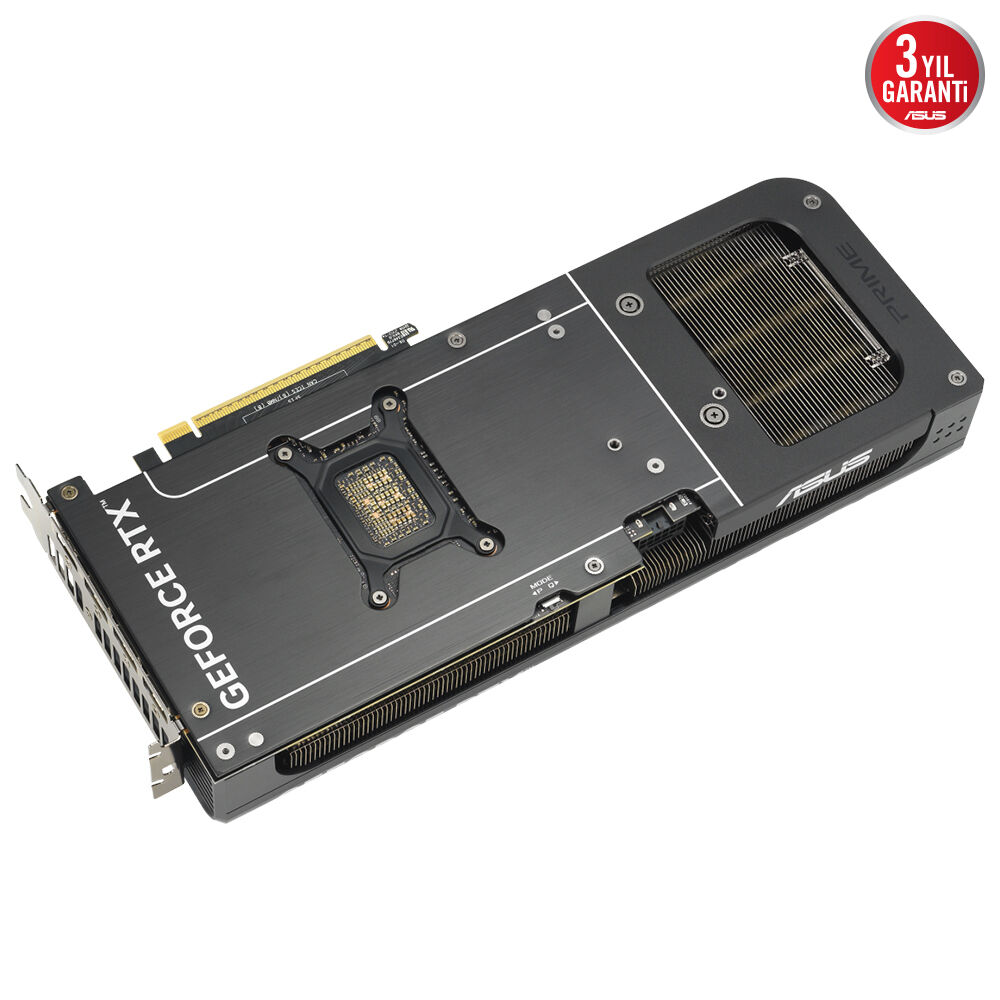 Beyaz yazılı, soğutma kanatçıklı ve 3 yıl garanti etiketli siyah renkli Asus Prime GeForce RTX grafik kartı.
