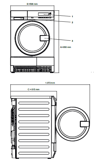 Technische Zeichnung einer Waschmaschine von vorne und der Seite mit Maßangaben.