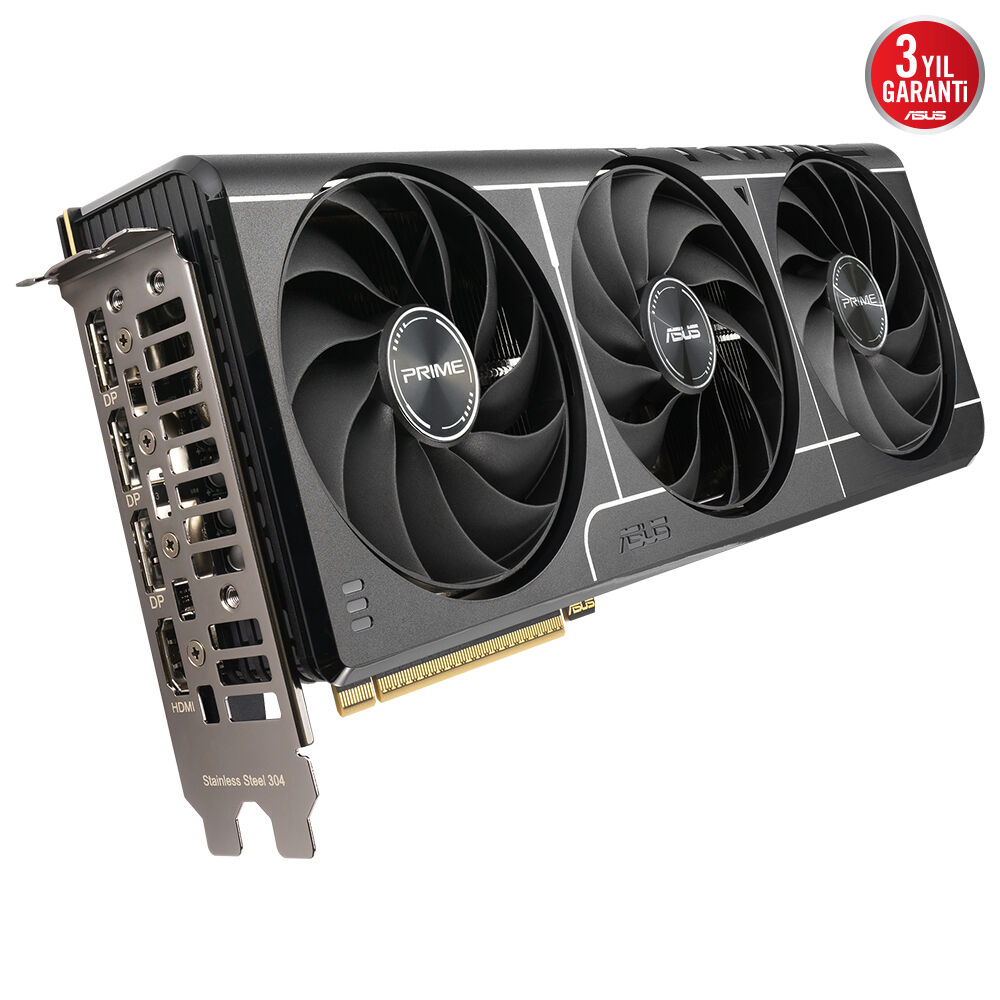 Beyaz arka planda üç fanlı ve I/O braketli siyah Asus Prime ekran kartı.