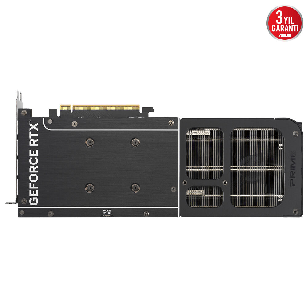 Arka plakalı, çift fanlı ve 3 yıl garantili siyah ASUS Prime GeForce RTX ekran kartı.