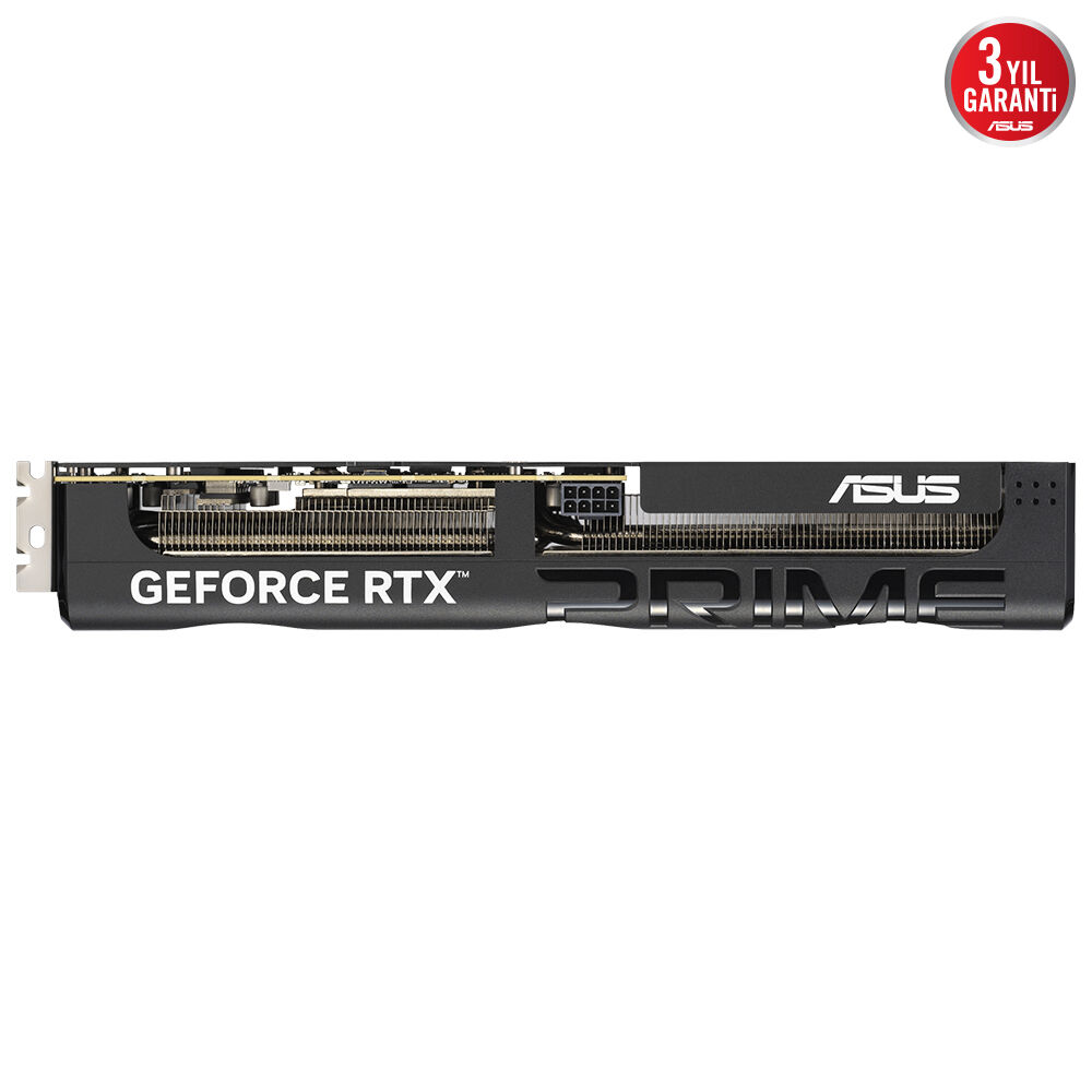 Soğutucu ve yazılı bir ASUS GeForce RTX grafik kartının yan görünümü.
