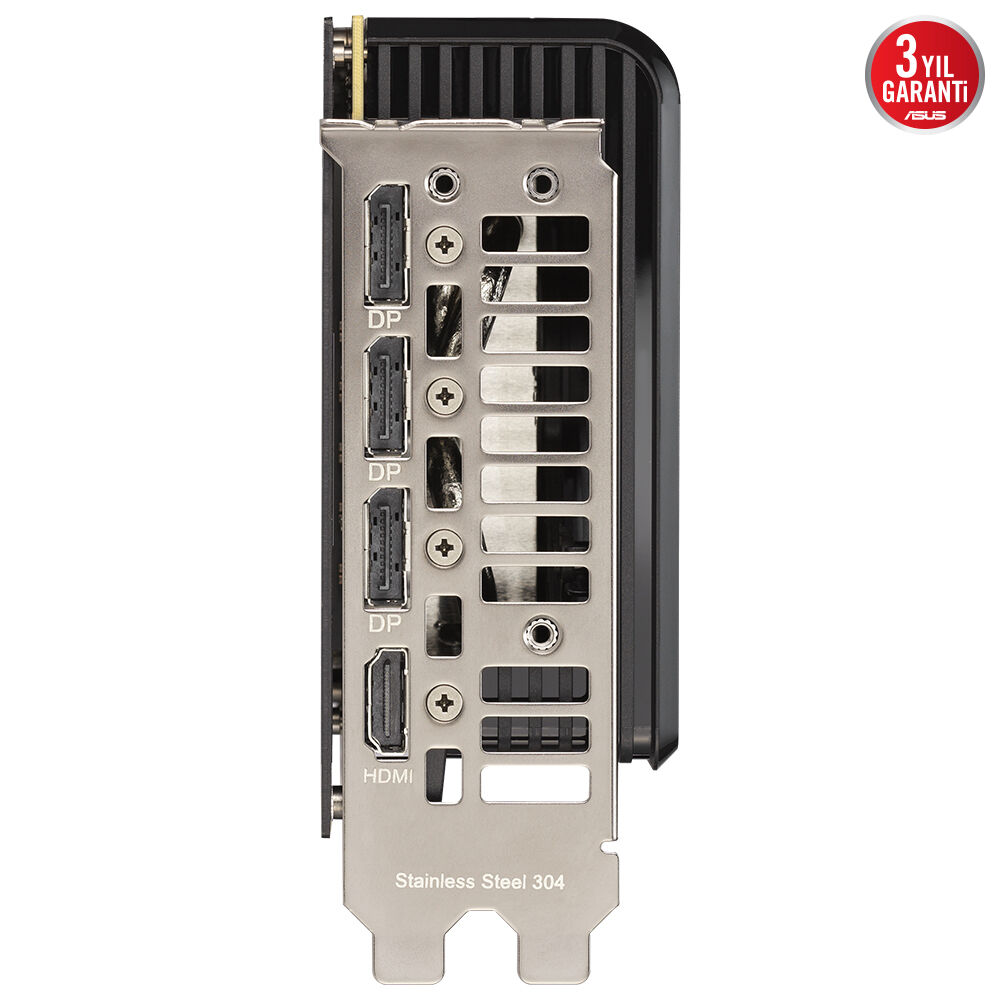 Üç DisplayPort, bir HDMI bağlantı noktası ve paslanmaz çelik brakete sahip bir grafik kartının arka paneli.