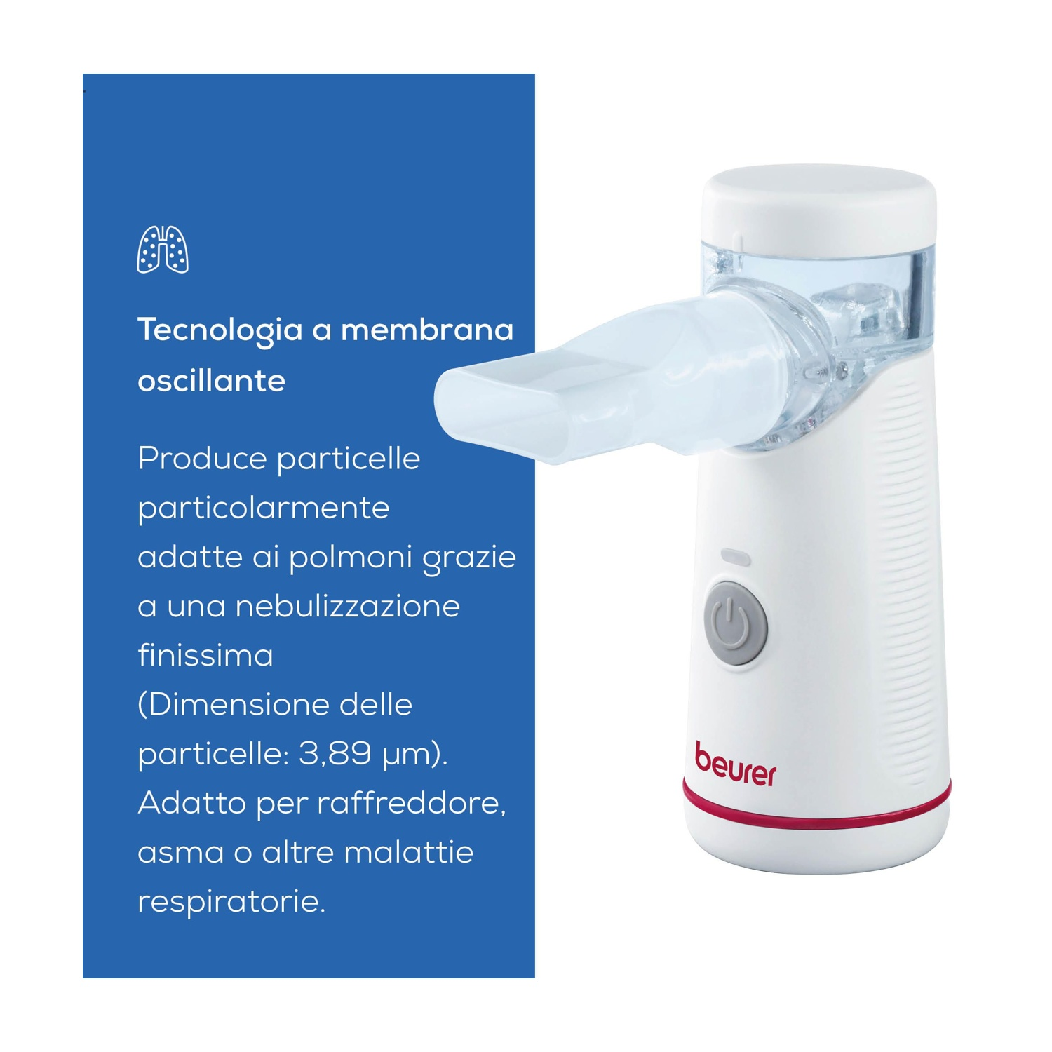 Un nebulizzatore a membrana oscillante bianco con boccaglio su sfondo blu con testo.