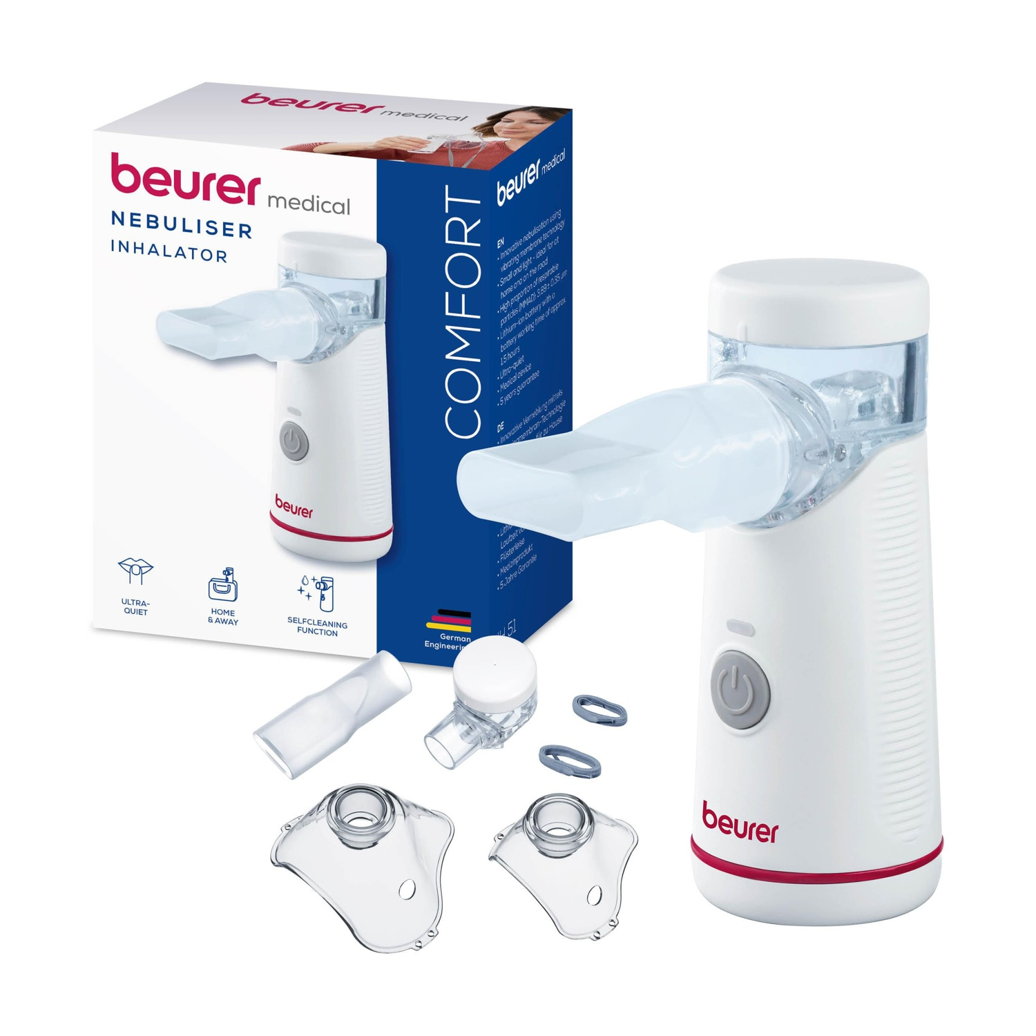 Inalatore nebulizzatore medico Beurer con accessori e scatola su sfondo bianco.