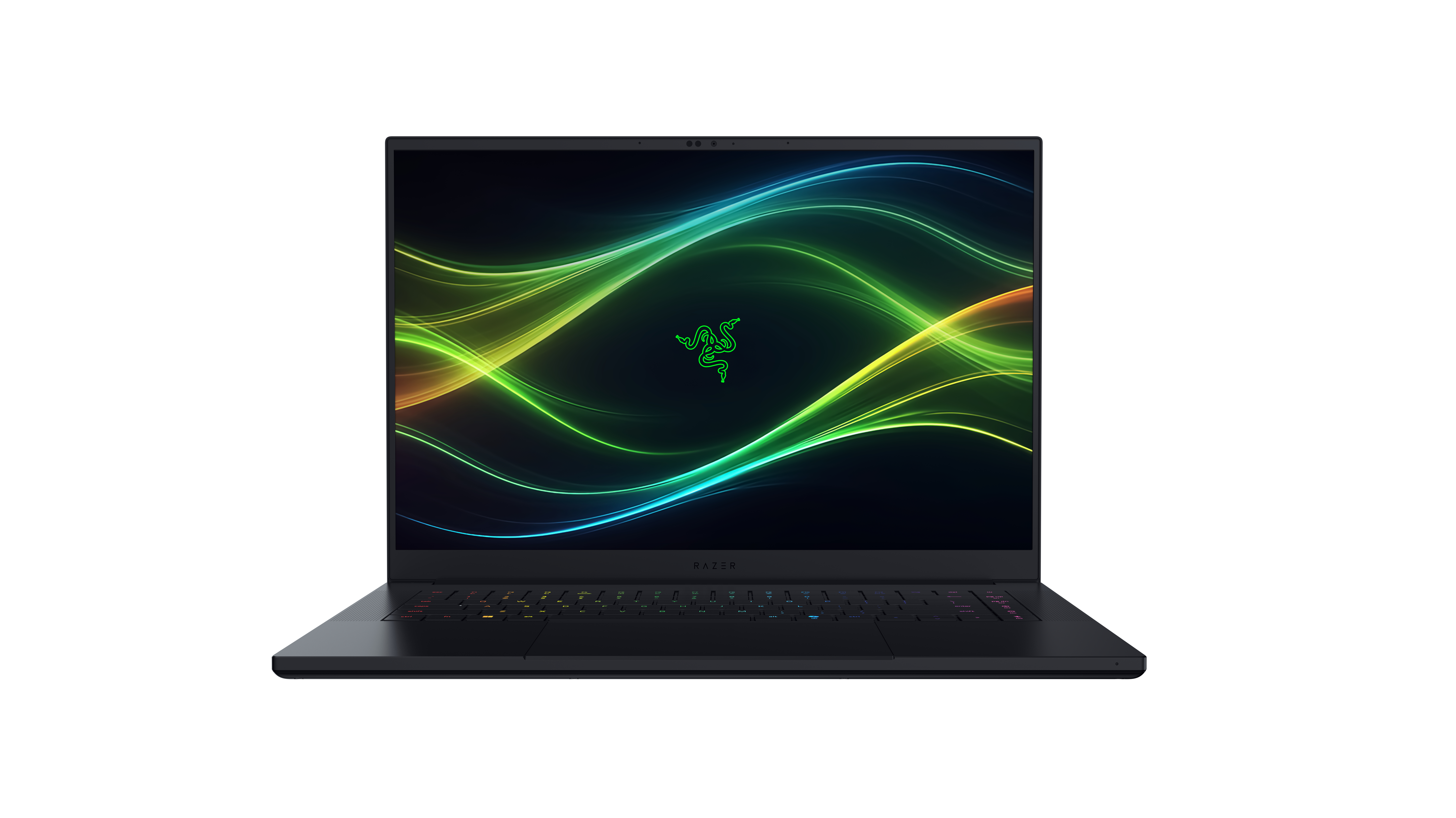 Ein schwarzer Razer Laptop zeigt ein abstraktes grün-blaues Wellen-Hintergrundbild mit einem leuchtenden Razer-Logo.