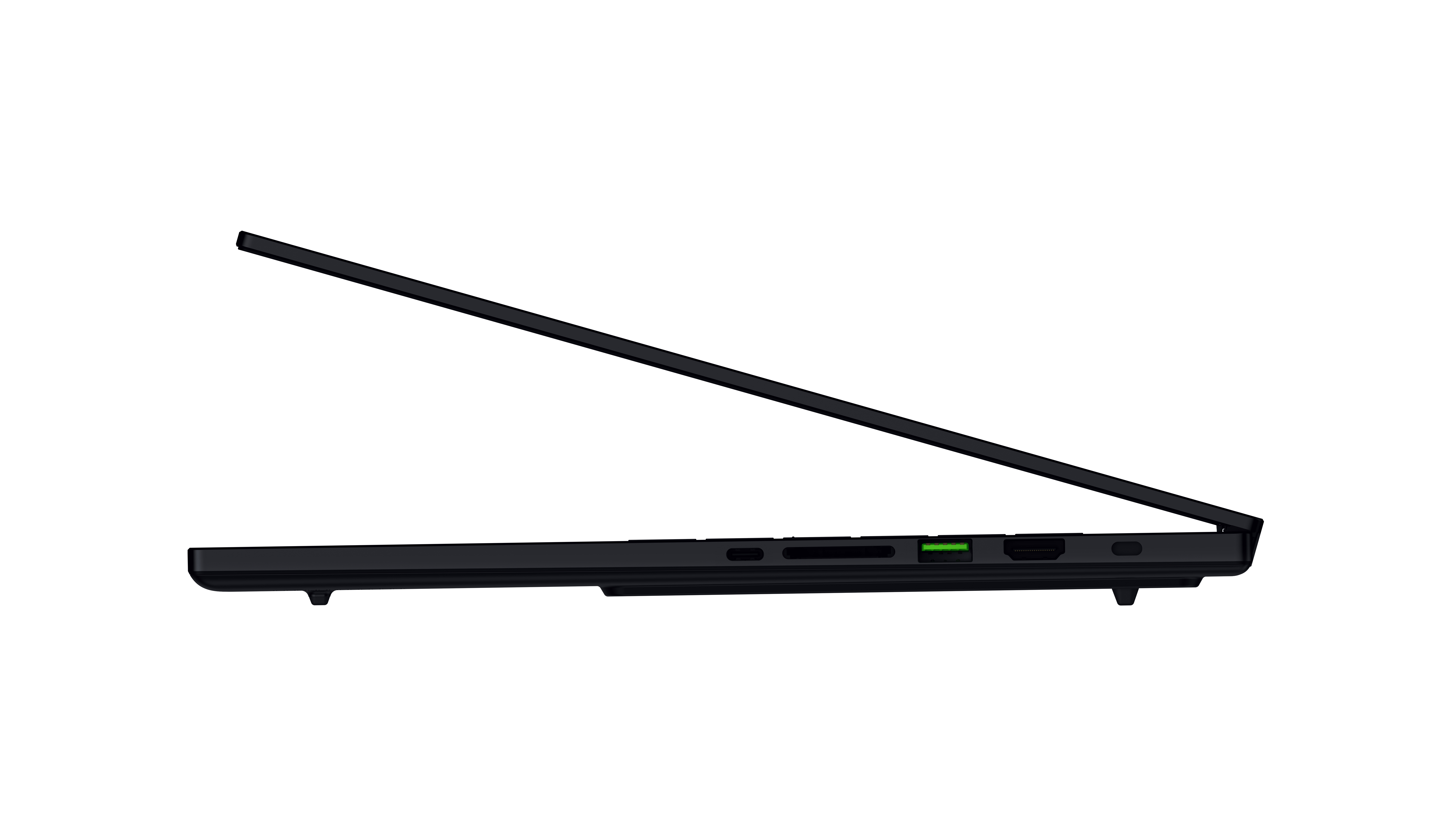Seitenansicht eines geschlossenen schwarzen Laptops auf weißem Hintergrund.