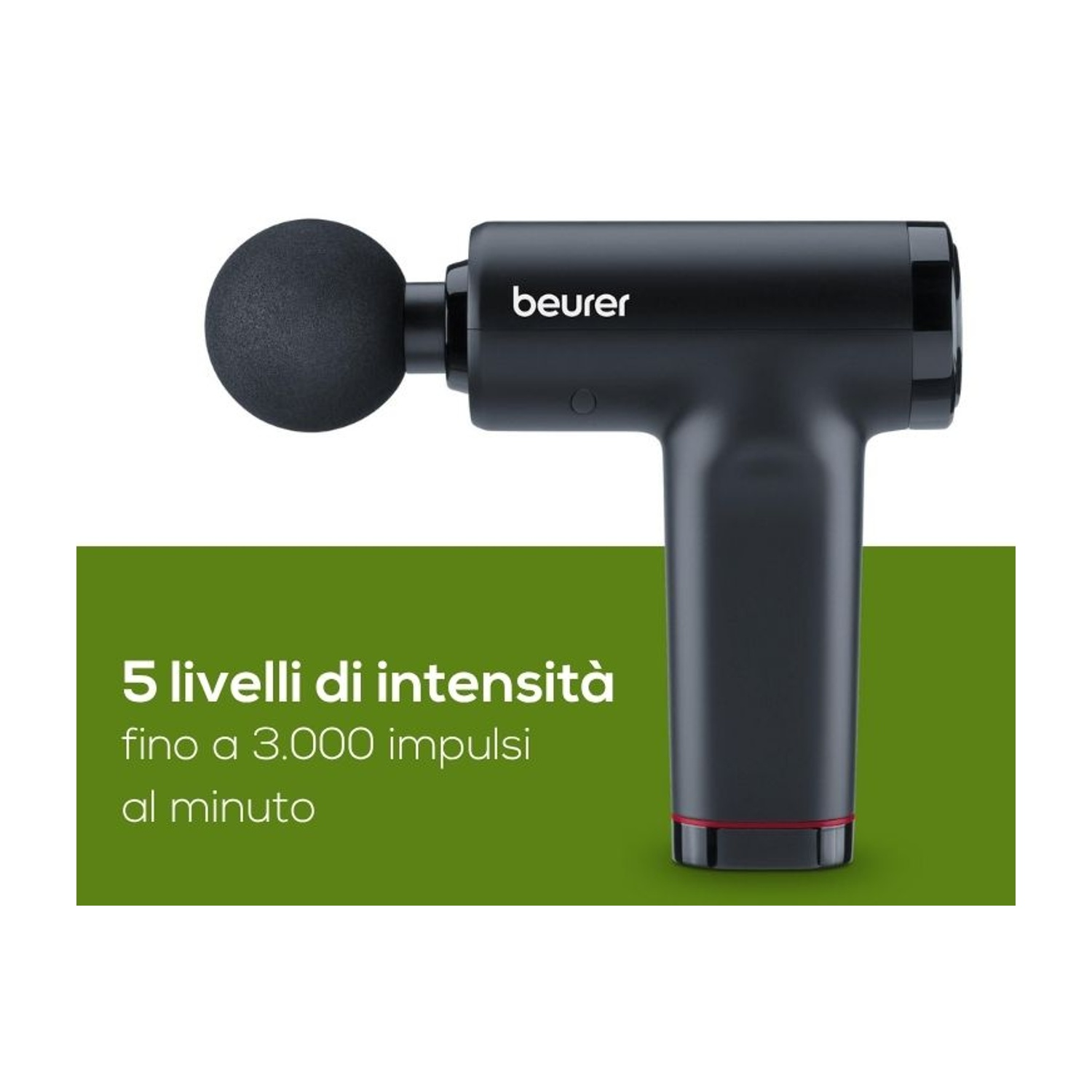 Pistola da massaggio Beurer nera con accessorio rotondo su sfondo verde e testo in italiano.