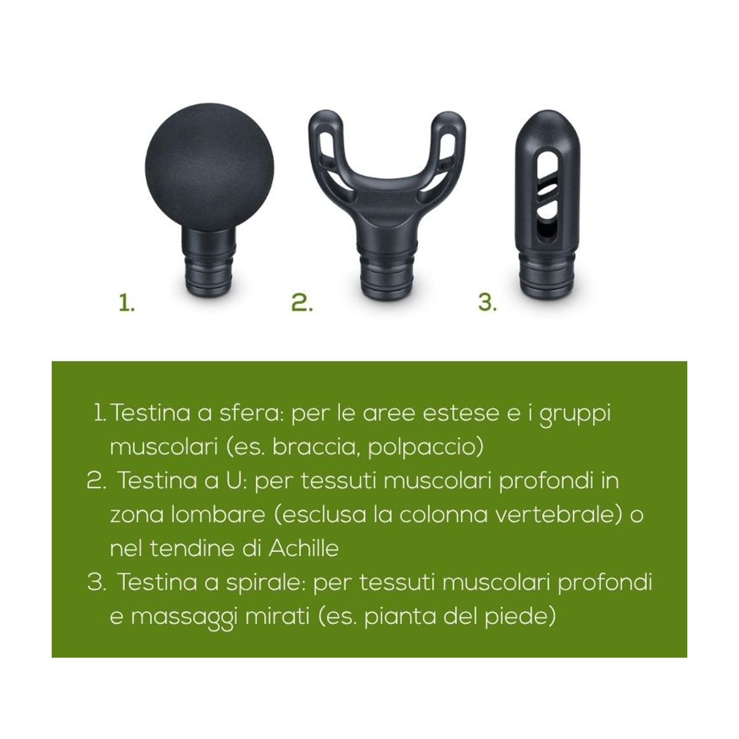 Tre testine nere per pistola massaggiante con descrizioni numerate in italiano su sfondo verde.