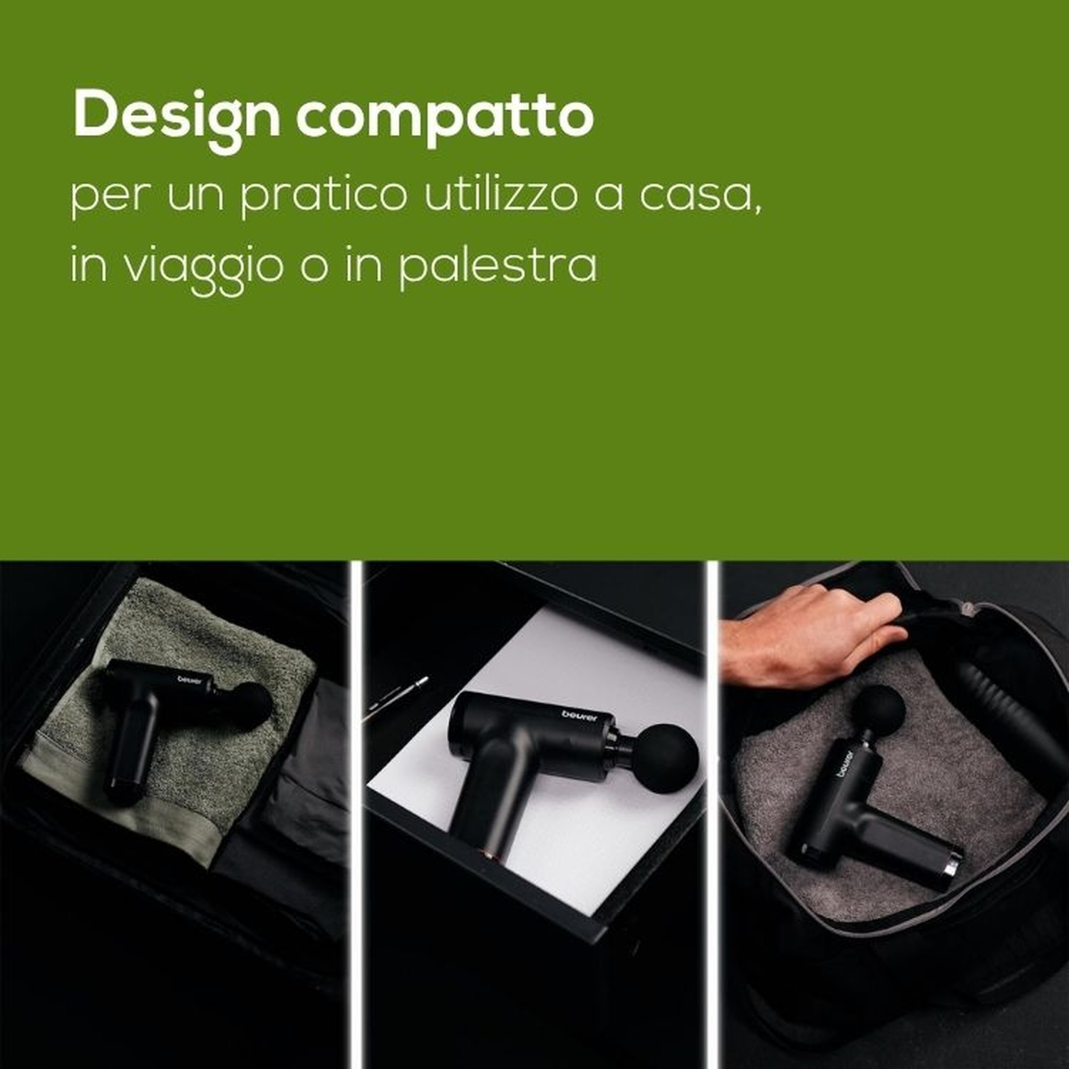 Pistola da massaggio nera compatta riposta in borse e scatole per viaggi e casa.