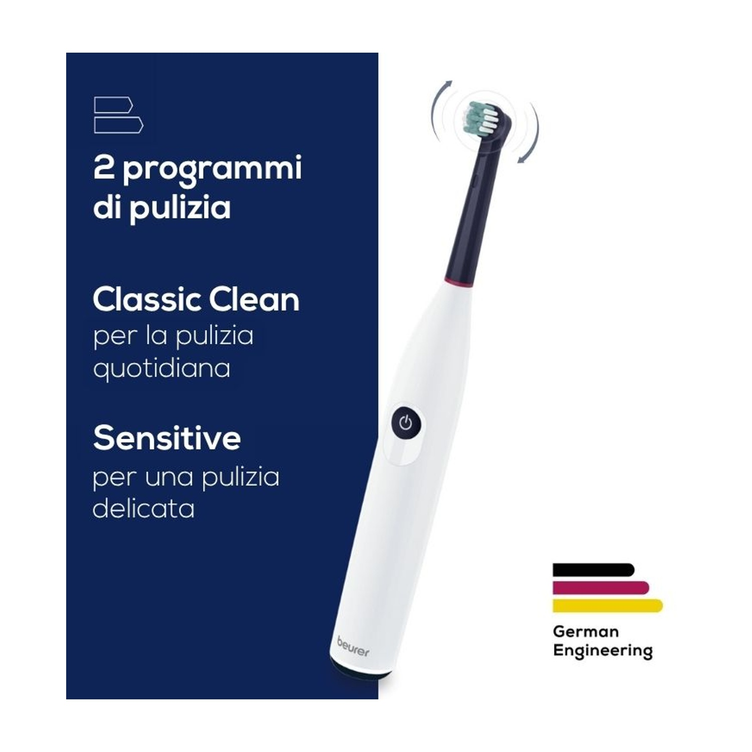 Uno spazzolino elettrico bianco con due modalità di pulizia e ingegneria tedesca.