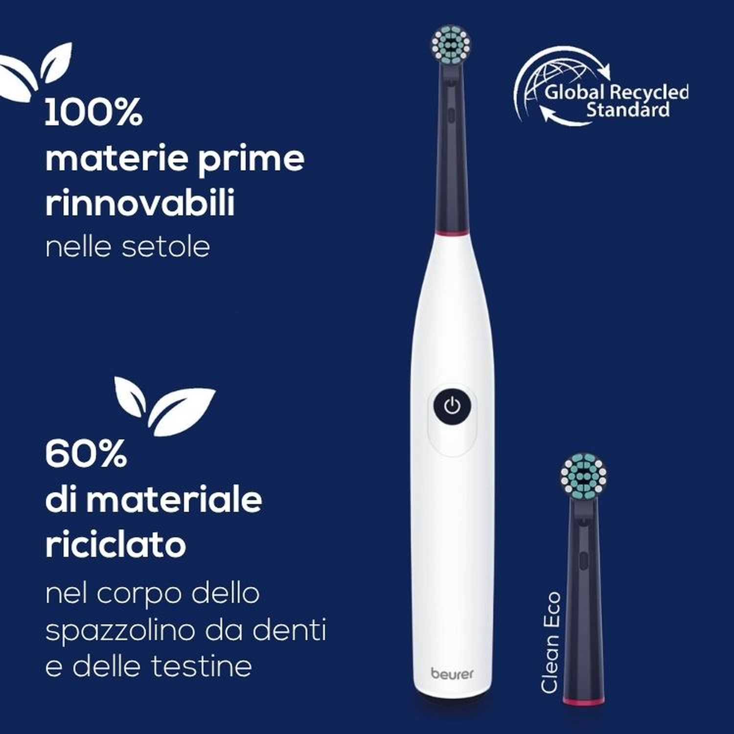 Uno spazzolino elettrico bianco con testina blu scuro e testo su materiali riciclati su sfondo blu.