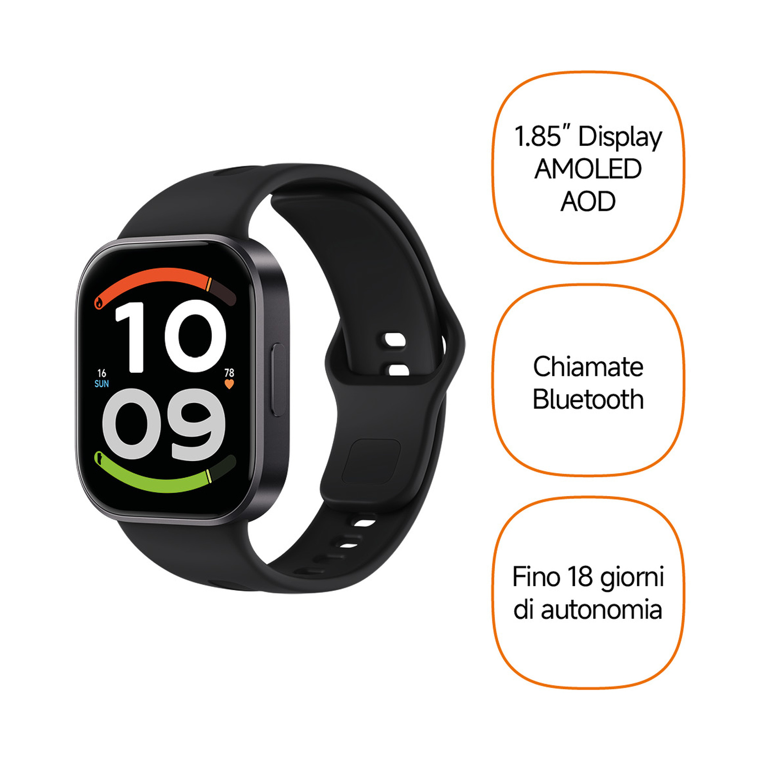 Smartwatch nero con display quadrato e tre riquadri di testo a destra.