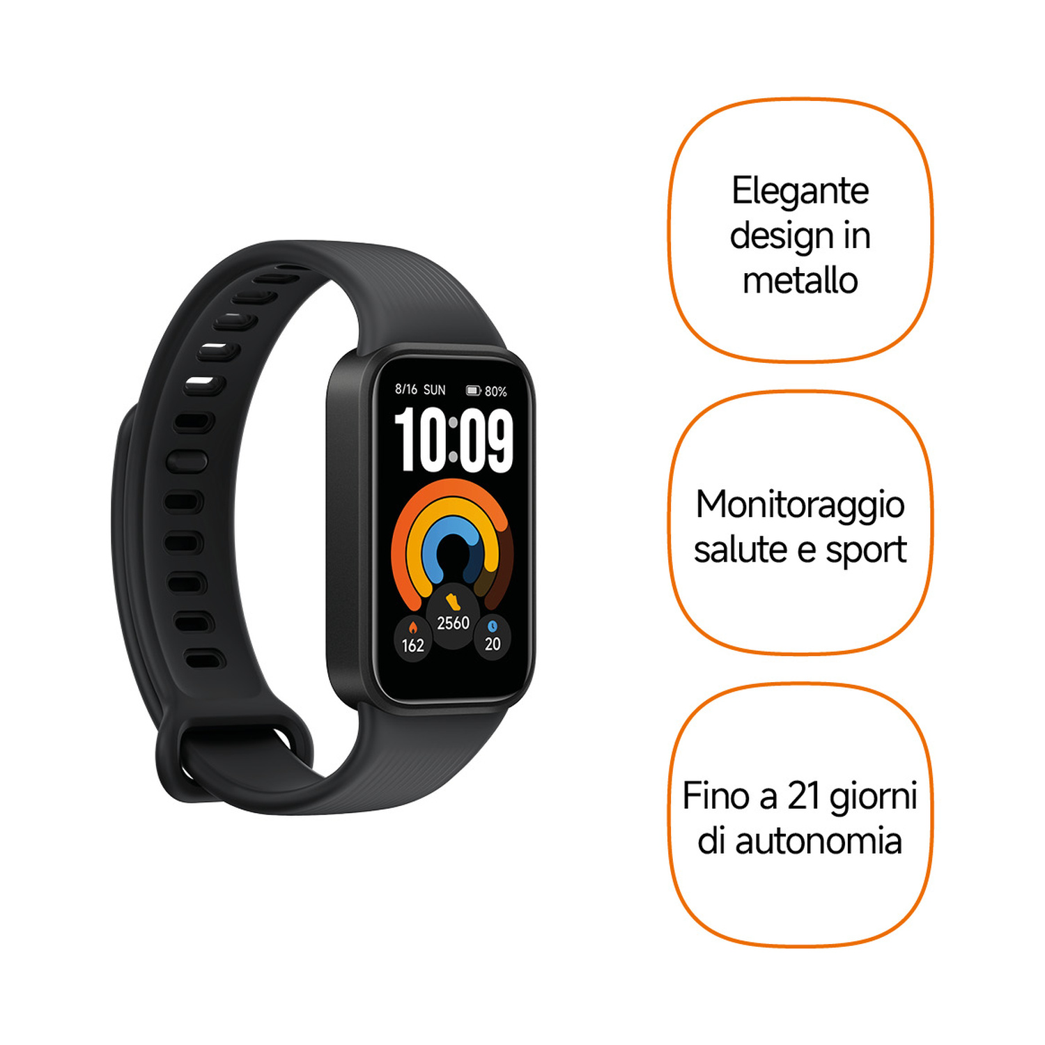 Smartwatch nero con monitoraggio fitness e tre riquadri di testo.