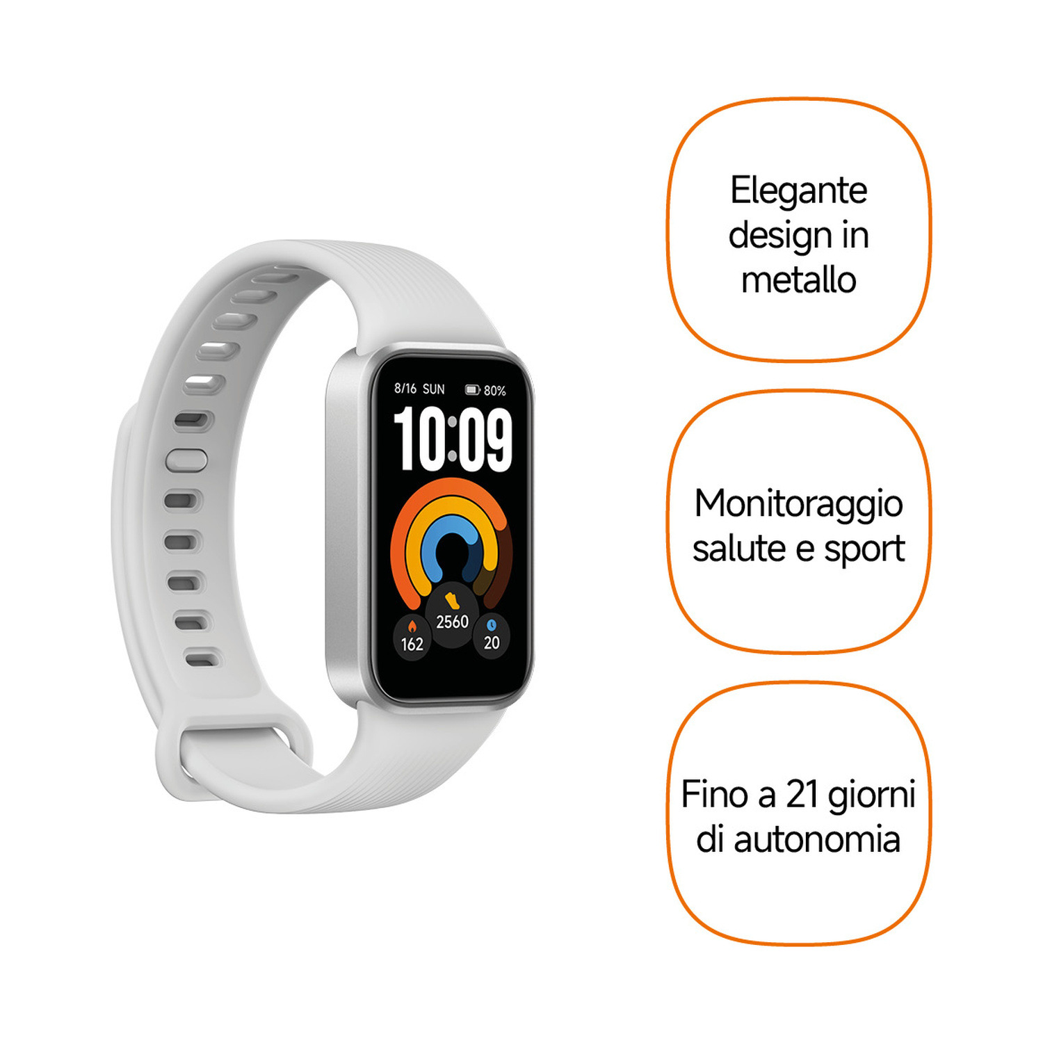 Elegante smartwatch bianco con cornice in metallo e tre fumetti di testo su sfondo bianco.