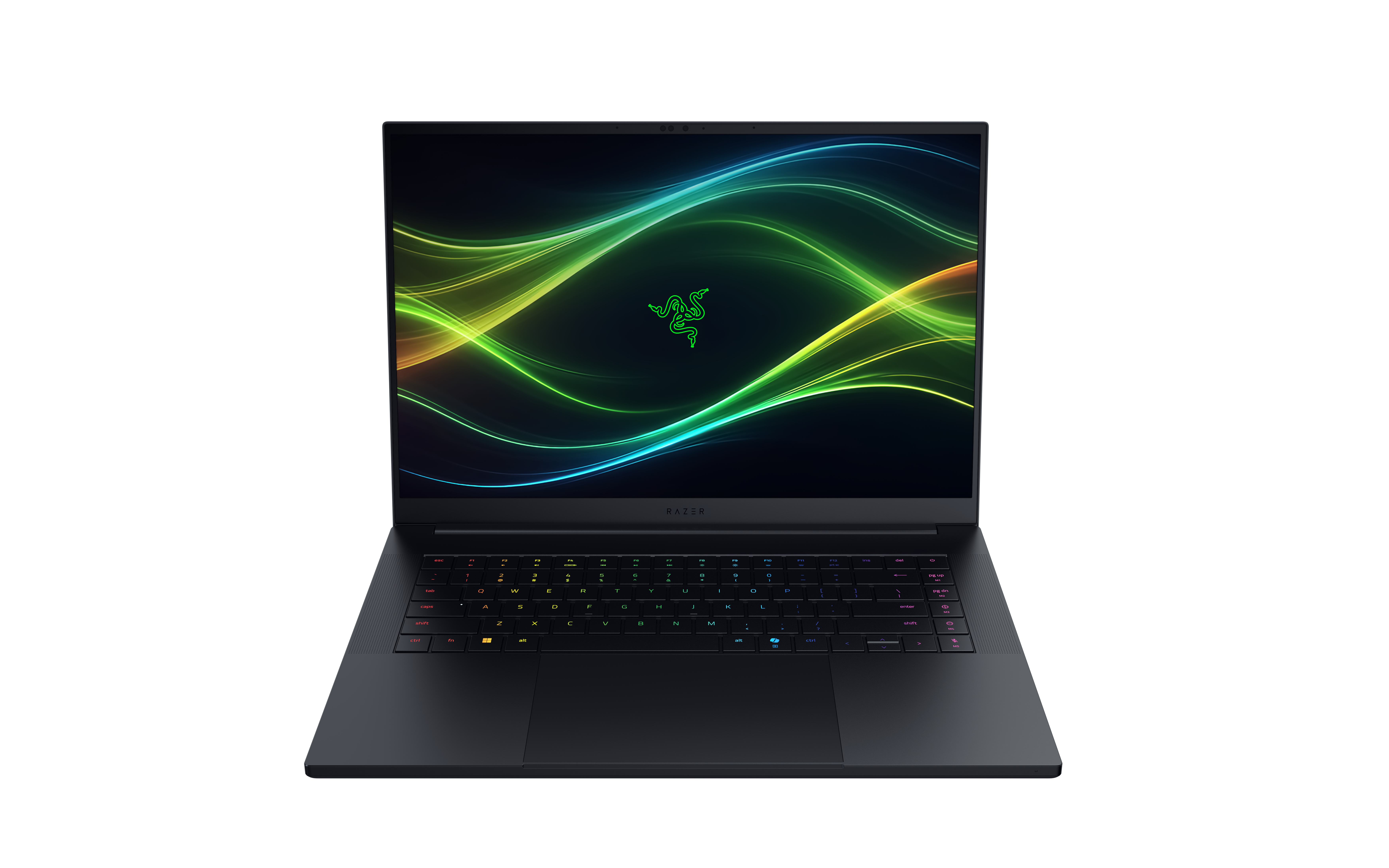 Ein schwarzer Razer-Laptop mit beleuchteter Tastatur und grünem Wellen-Hintergrundbild.