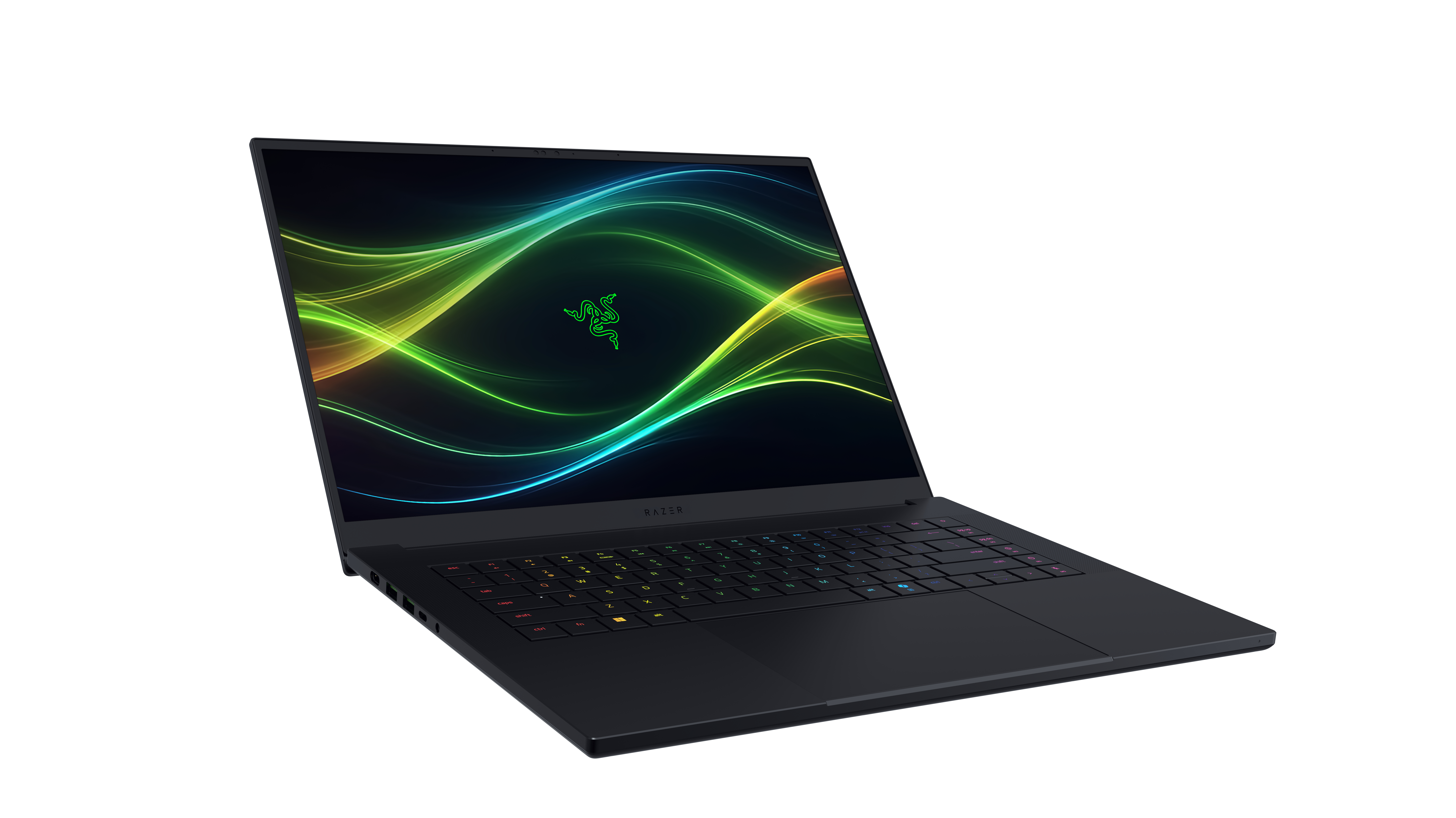 Ein schwarzer Razer-Laptop steht auf einer weißen Oberfläche und zeigt ein lebendiges grüne und blaue abstrakte Hintergrundbild.