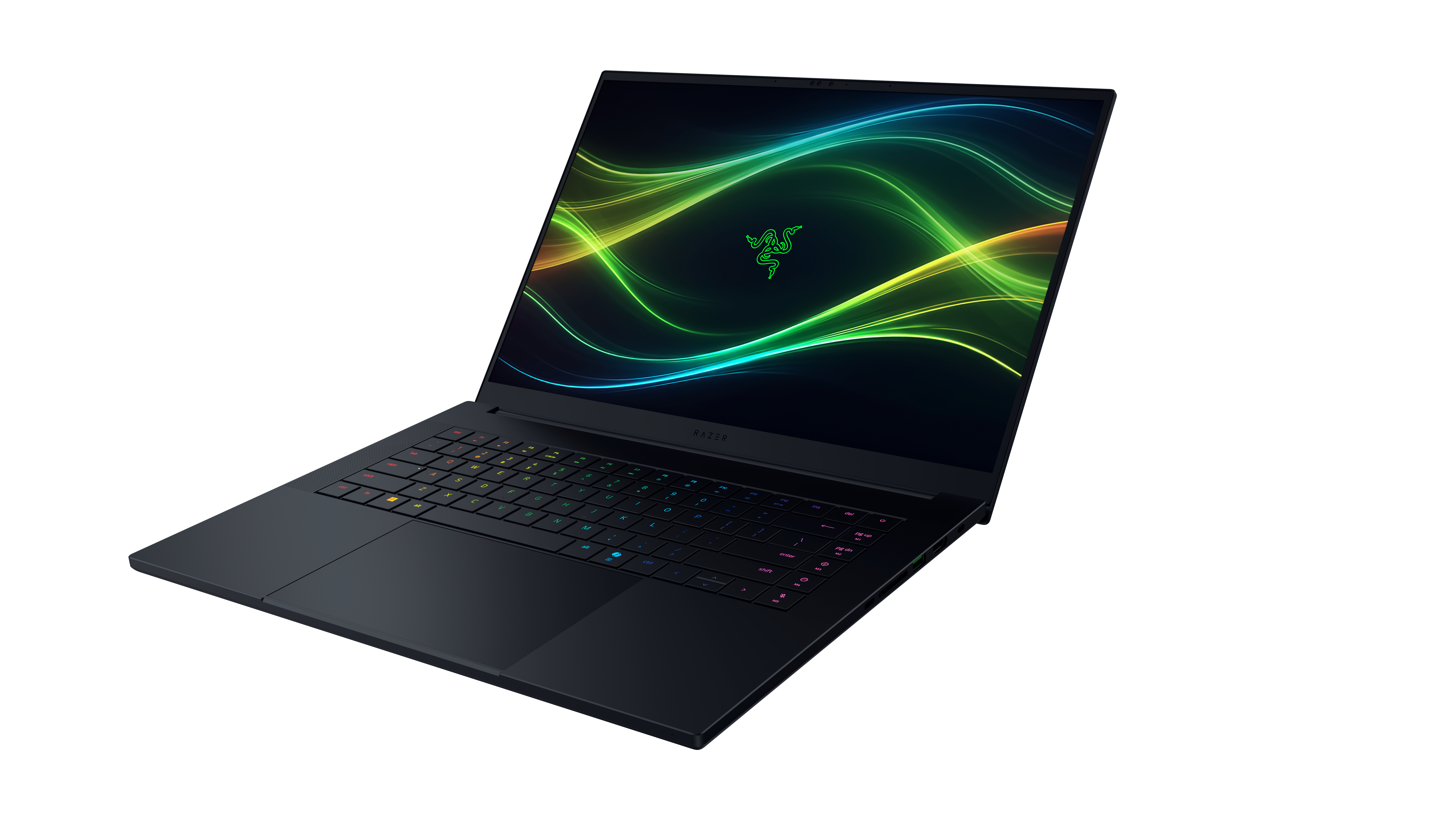 Ein schwarzer Razer Laptop ist auf einer weißen Oberfläche geöffnet und zeigt ein buntes grünes und blaues abstraktes Hintergrundbild.