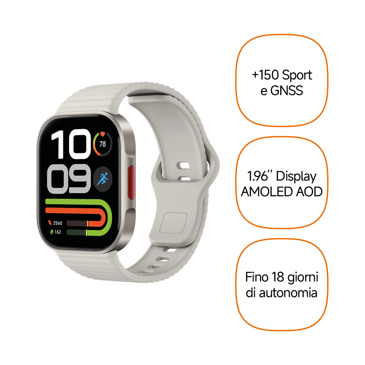 Uno smartwatch grigio con cinturino bianco e tre riquadri di testo.