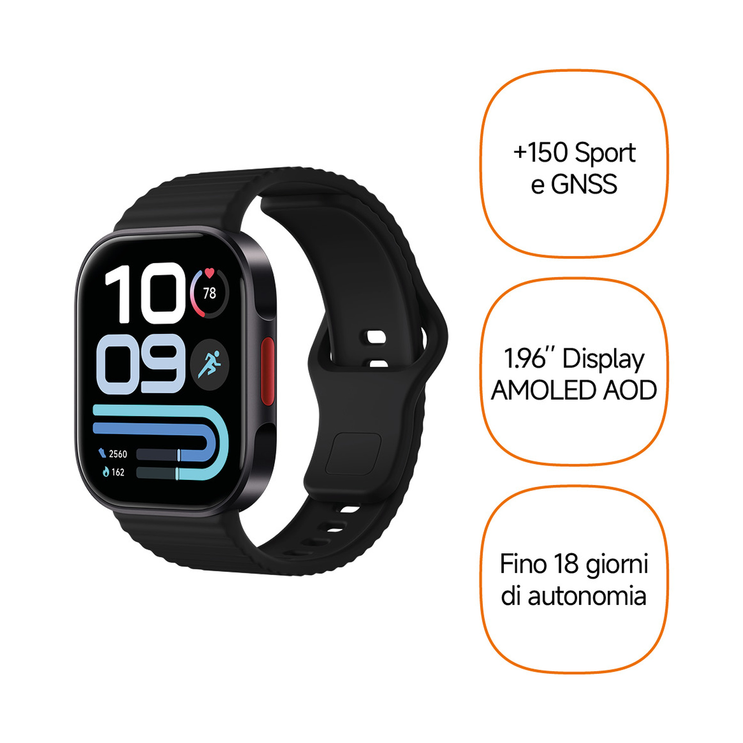 Smartwatch nero con display AMOLED da 1,96", modalità sportive, GNSS e lunga autonomia.