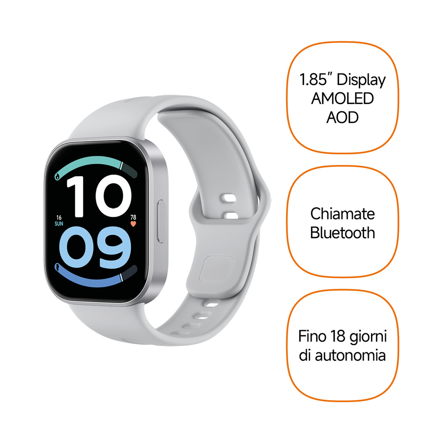 Smartwatch grigio con display AMOLED, chiamate Bluetooth e lunga durata.