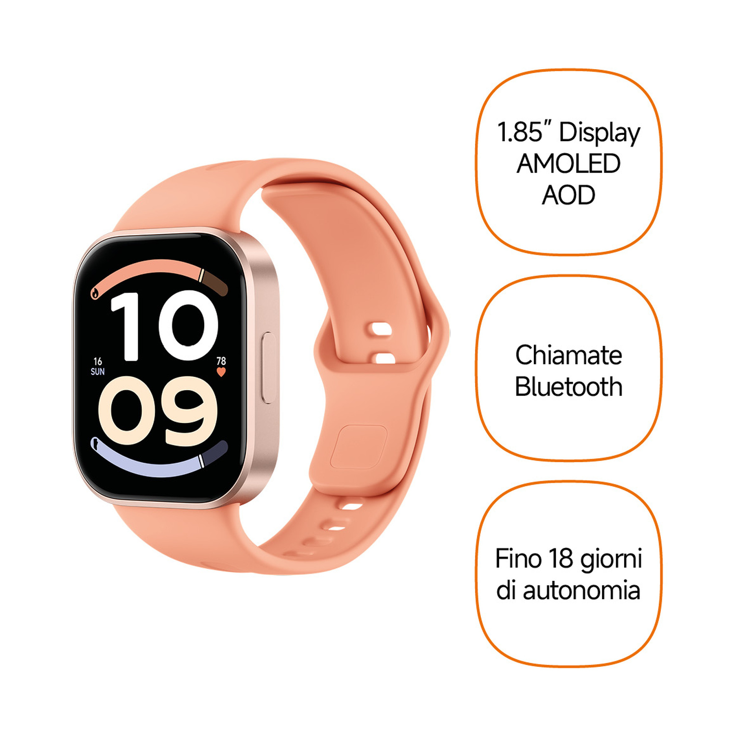 Smartwatch color pesca con display AMOLED, chiamate Bluetooth e lunga autonomia.