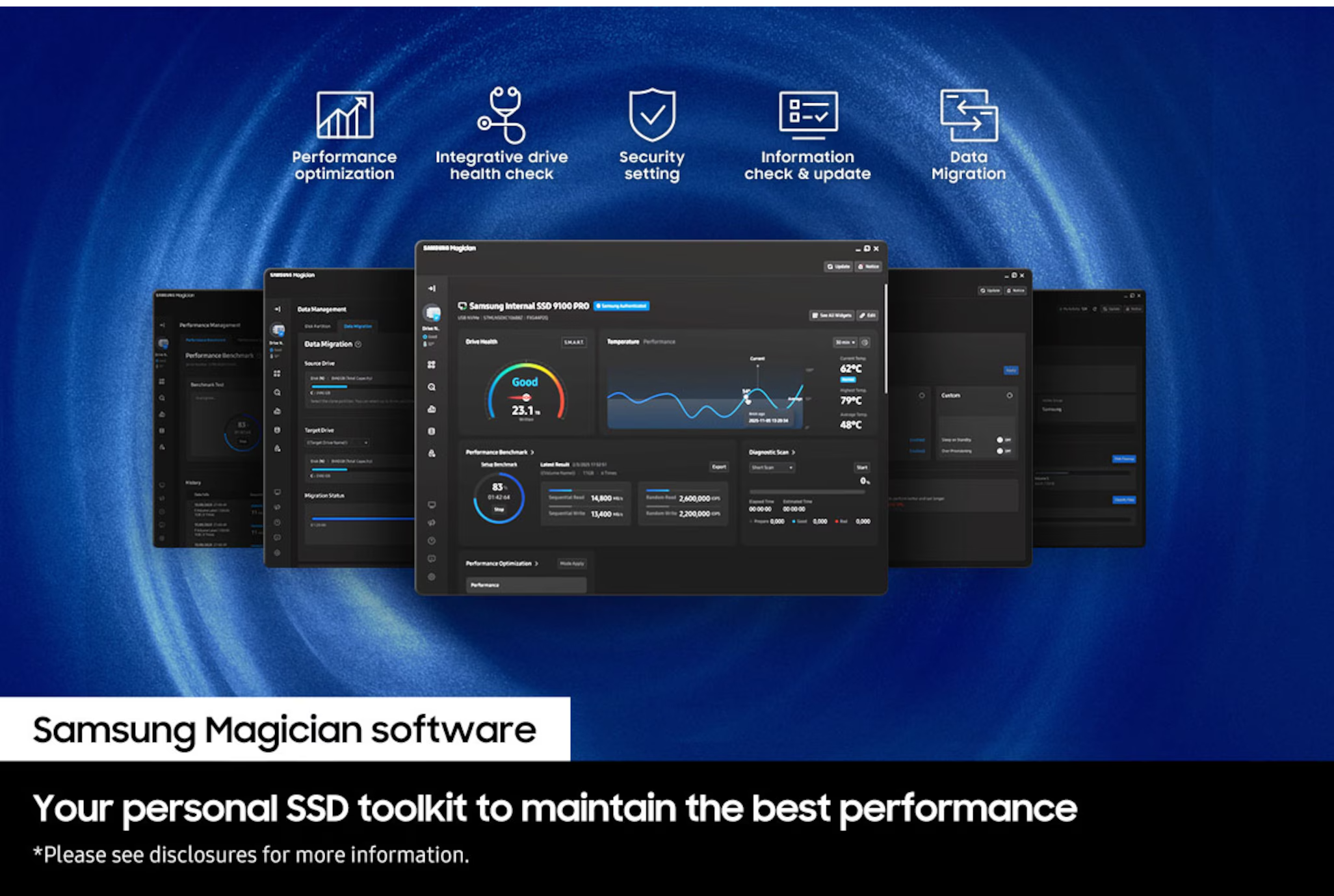 A Samsung Magician szoftver felülete SSD-optimalizáló és -figyelő eszközöket mutat kék háttér előtt.
